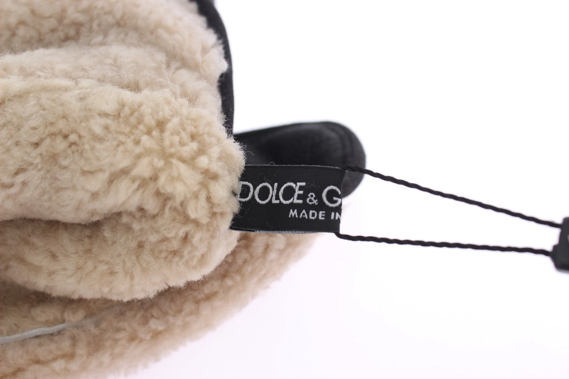 Dolce & Gabbana Gray Wool Shearling Studded Green Leopard Gloves LUNESCAPE