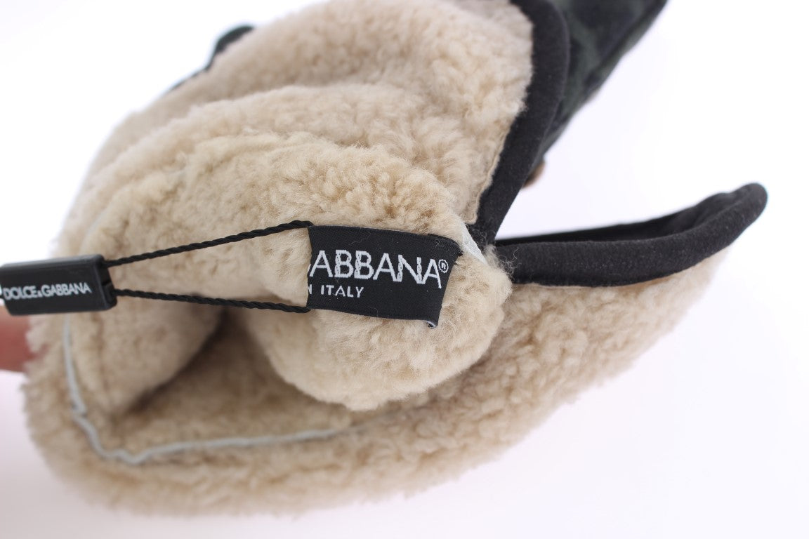 Dolce & Gabbana Gray Wool Shearling Studded Green Leopard Gloves LUNESCAPE