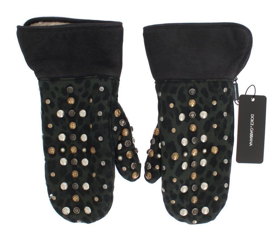 Dolce & Gabbana Gray Wool Shearling Studded Green Leopard Gloves LUNESCAPE