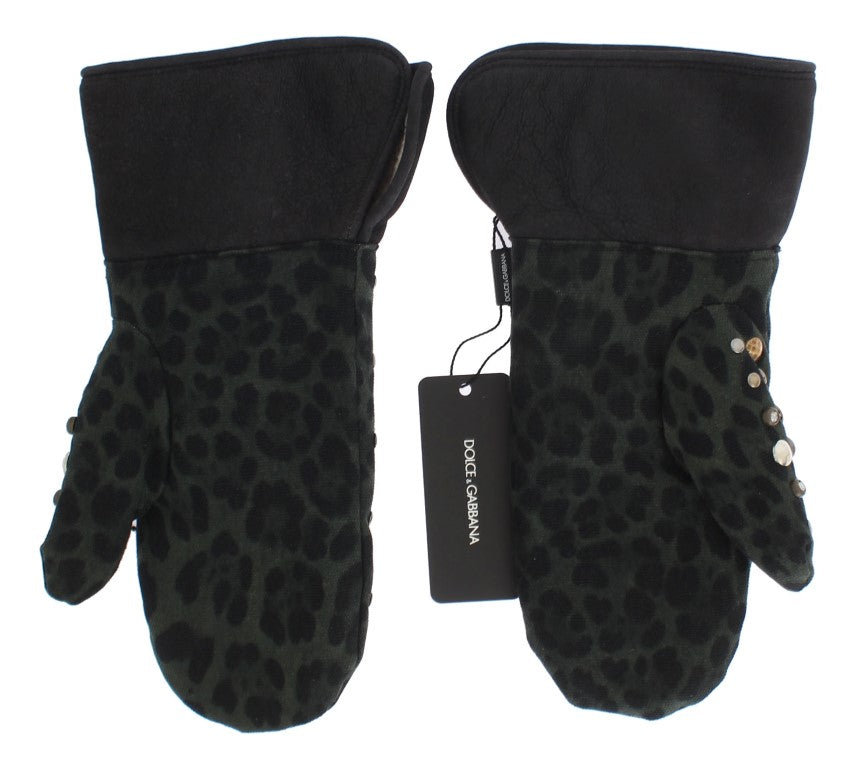 Dolce & Gabbana Gray Wool Shearling Studded Green Leopard Gloves LUNESCAPE
