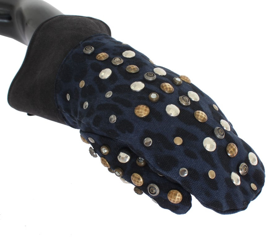 Dolce & Gabbana Gray Wool Shearling Studded Blue Leopard Gloves LUNESCAPE