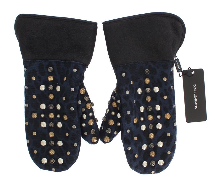 Dolce & Gabbana Gray Wool Shearling Studded Blue Leopard Gloves LUNESCAPE