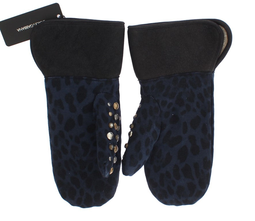 Dolce & Gabbana Gray Wool Shearling Studded Blue Leopard Gloves LUNESCAPE