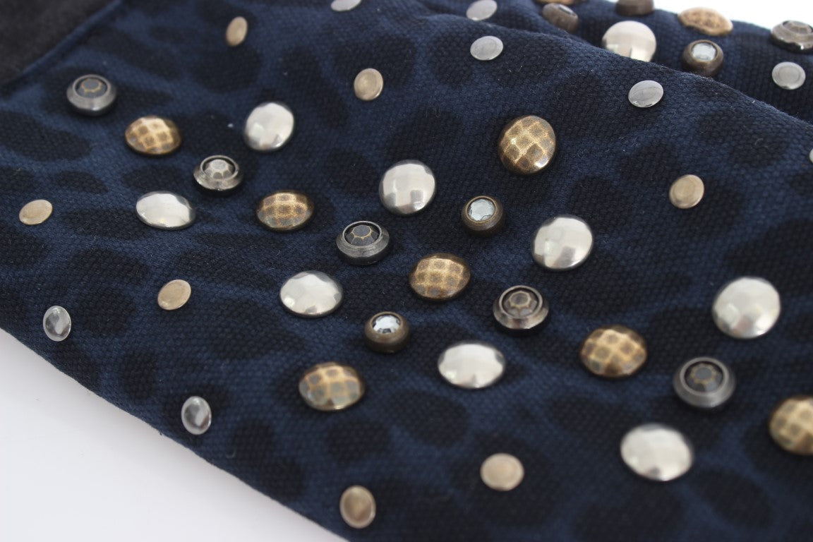 Dolce & Gabbana Gray Wool Shearling Studded Blue Leopard Gloves LUNESCAPE