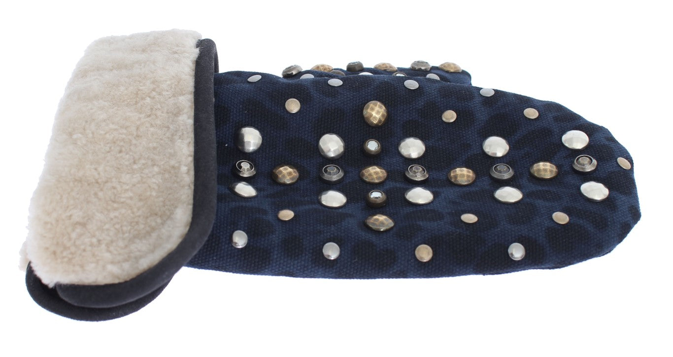 Dolce & Gabbana Gray Wool Shearling Studded Blue Leopard Gloves LUNESCAPE
