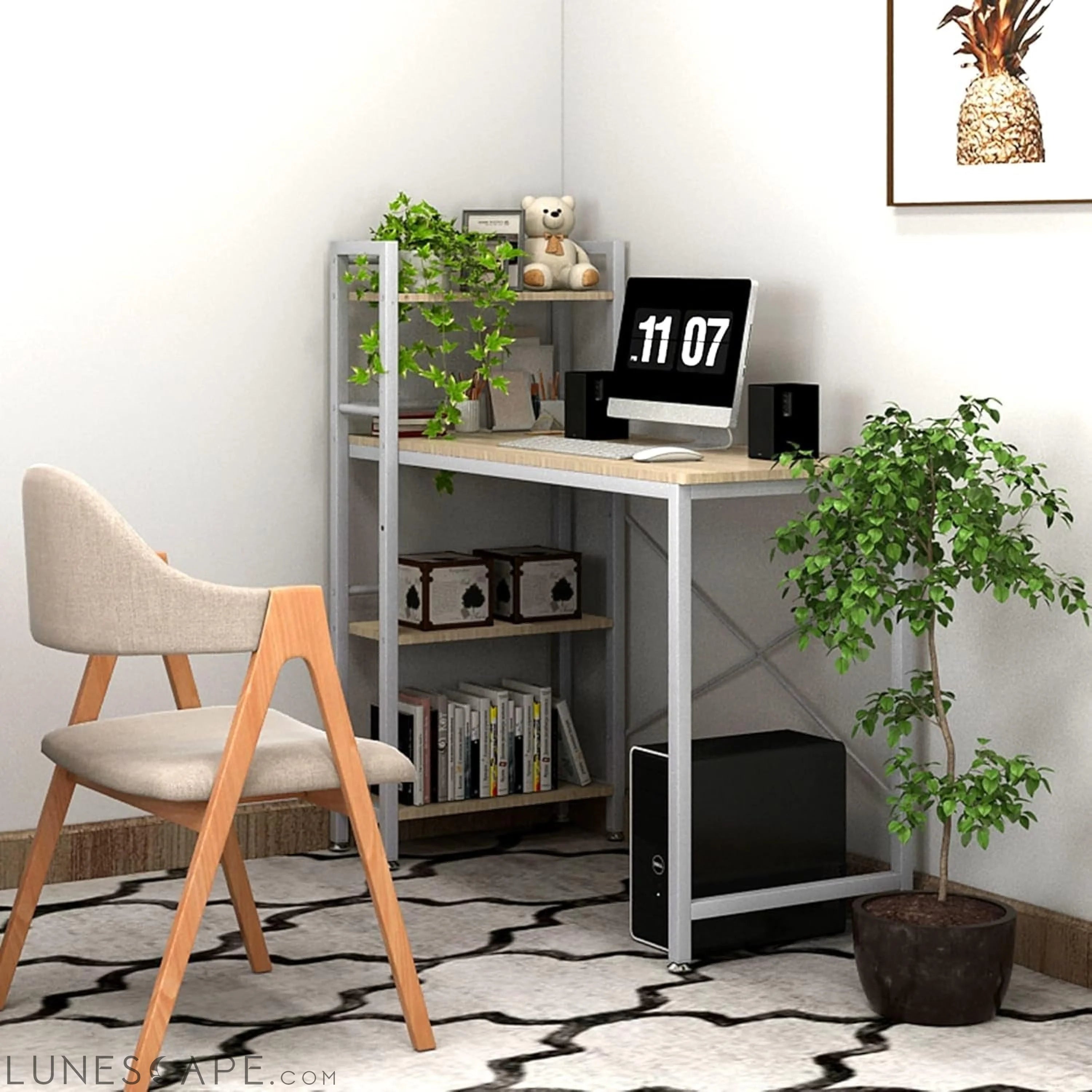35" Small Computer Desk with 4-Tier Bookshelf, Home Office Desk LUNESCAPE