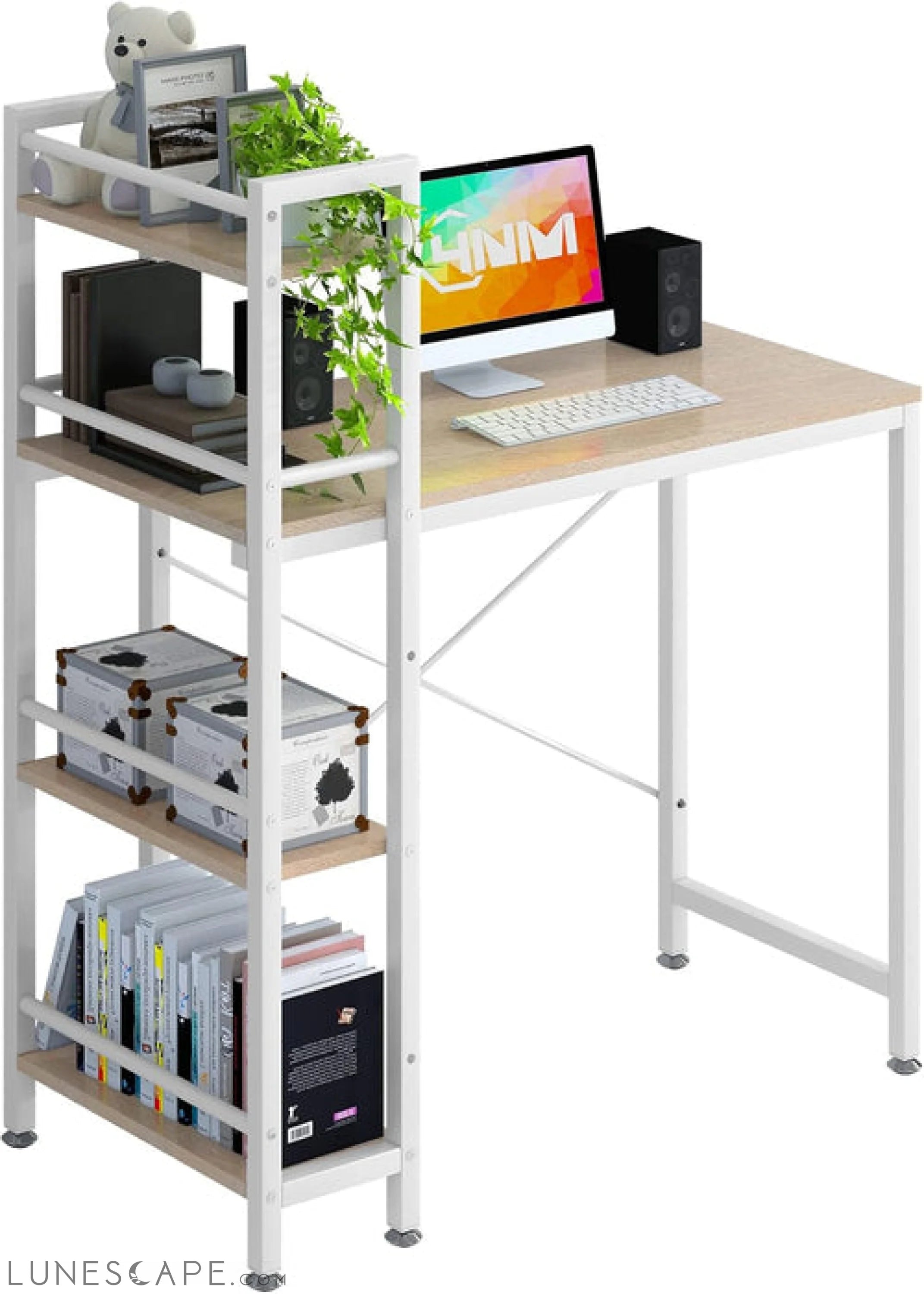 35" Small Computer Desk with 4-Tier Bookshelf, Home Office Desk LUNESCAPE