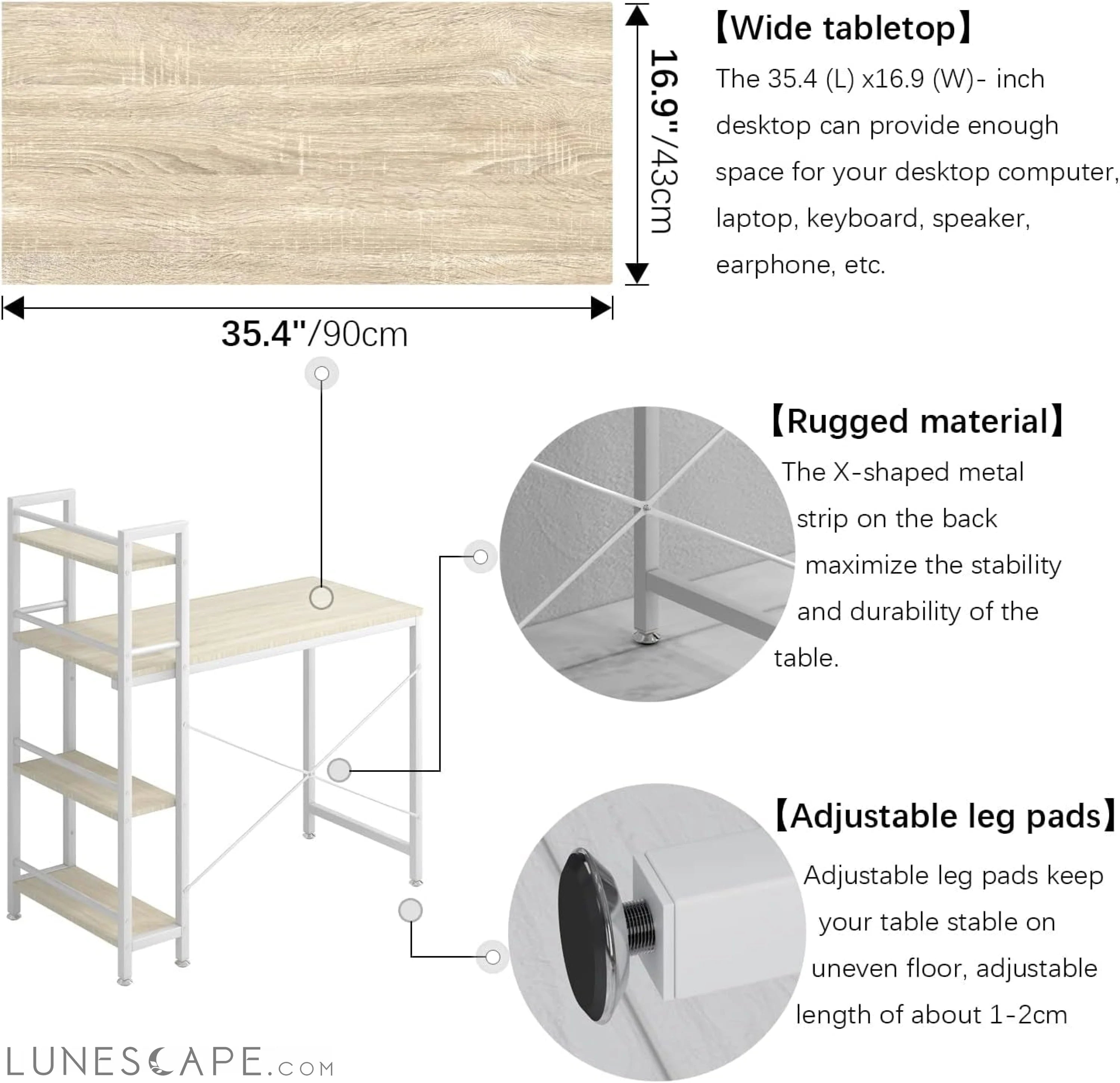 35" Small Computer Desk with 4-Tier Bookshelf, Home Office Desk LUNESCAPE