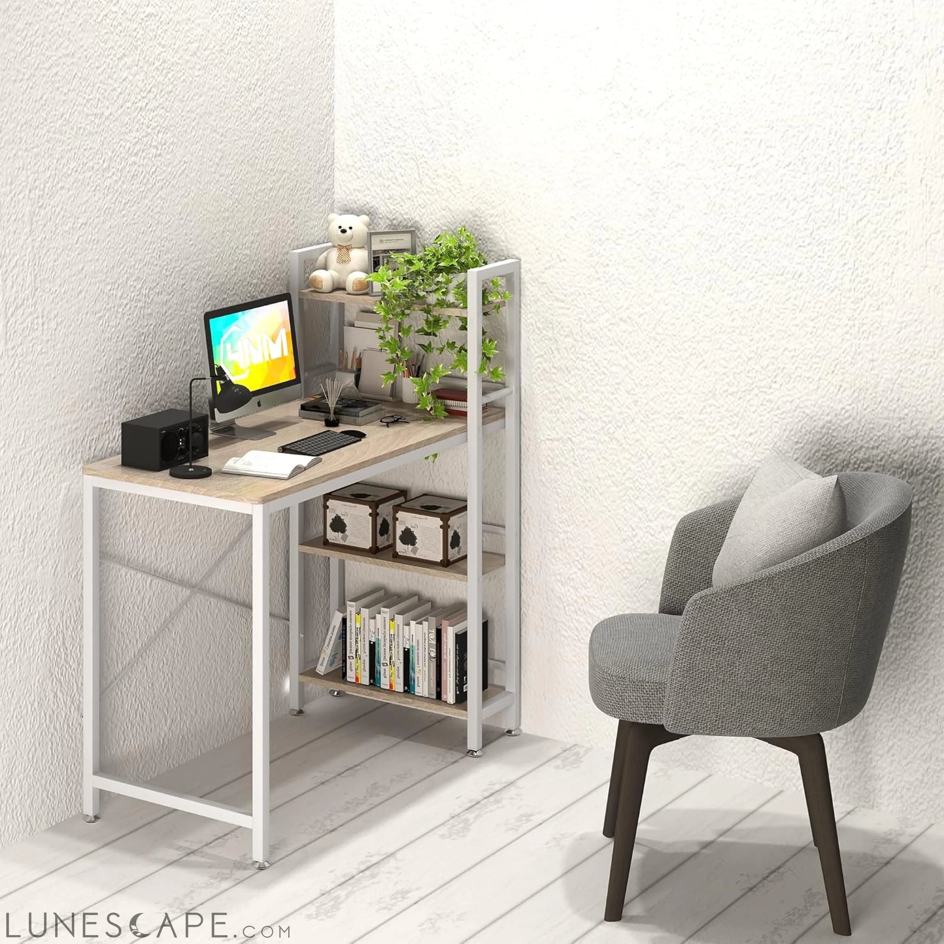 35" Small Computer Desk with 4-Tier Bookshelf, Home Office Desk LUNESCAPE