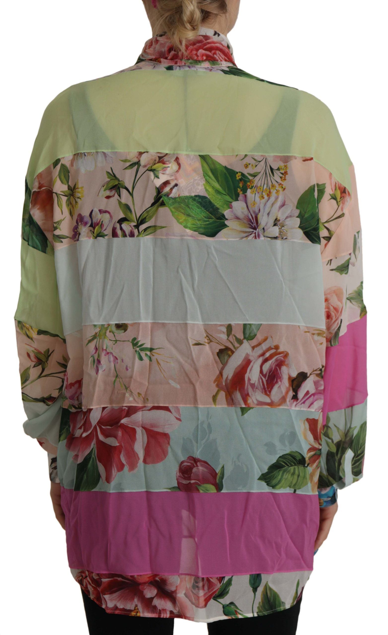 Dolce & Gabbana Multicolor Floral Patchwork Design Ascot Collar Top Blouse