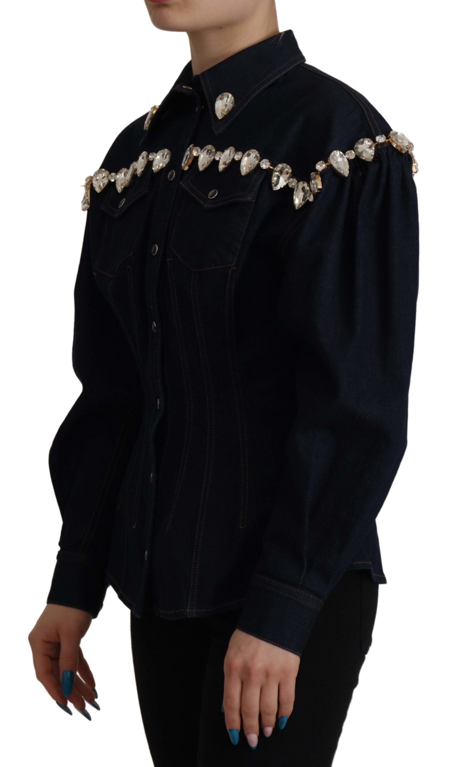 Dolce & Gabbana Blue Denim Crystal Embellish Cotton Jacket LUNESCAPE