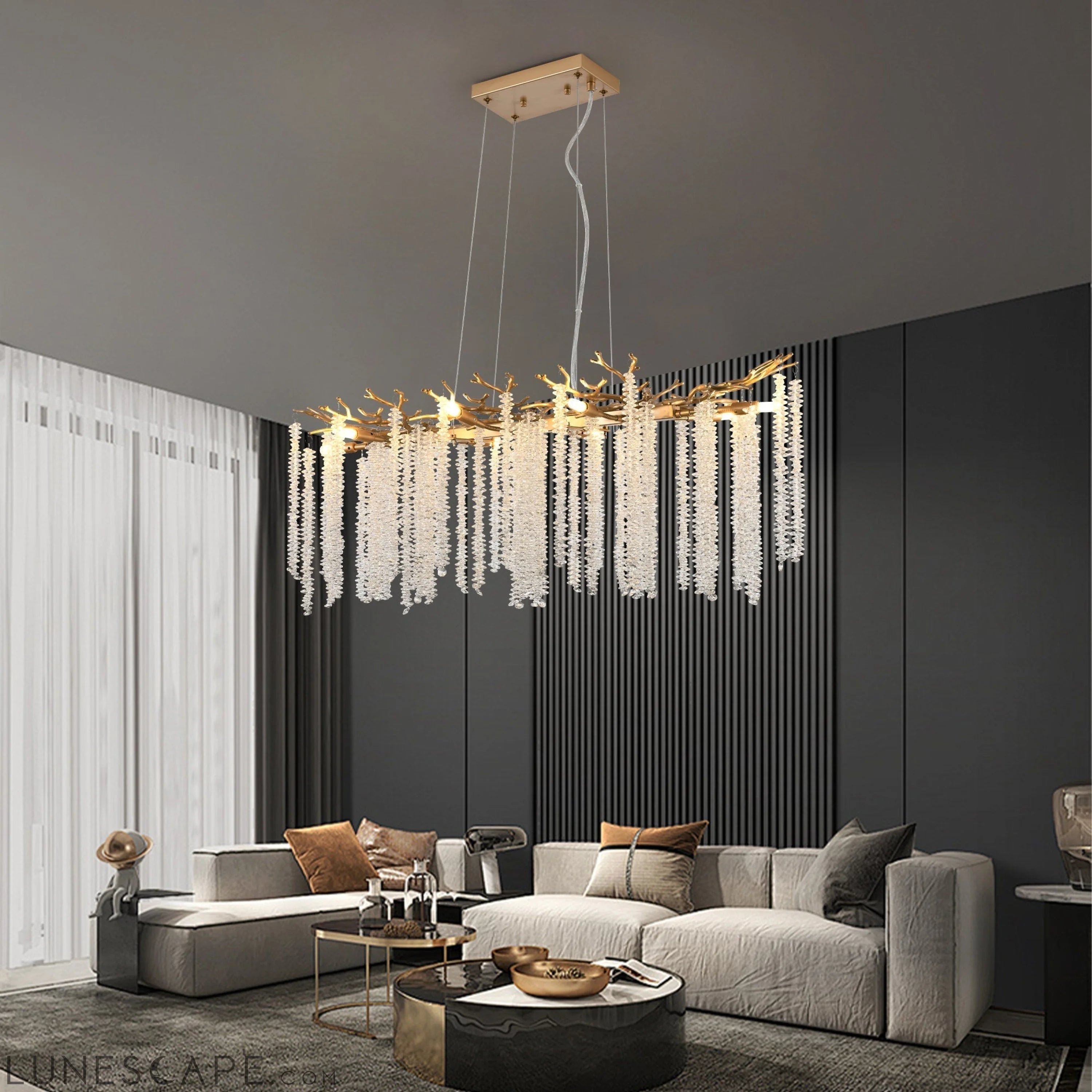 39.4-inch Modern Golden Pendant Light with Cascading Crystal Strands, LUNESCAPE