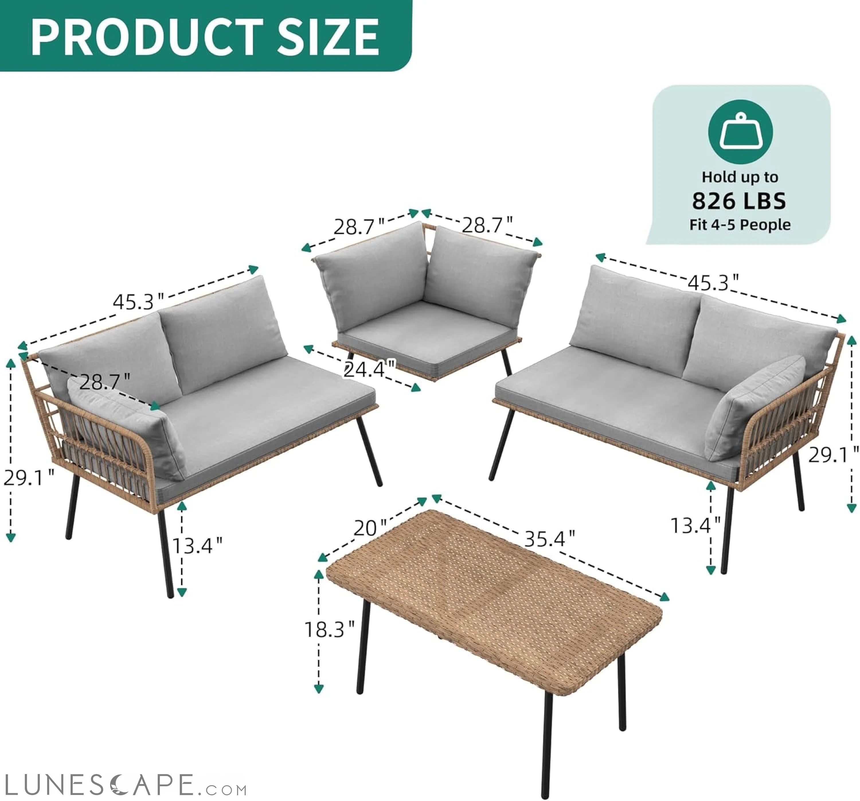 4 Pieces Patio Furniture Set, Outdoor Wicker Conversation Sectional LUNESCAPE