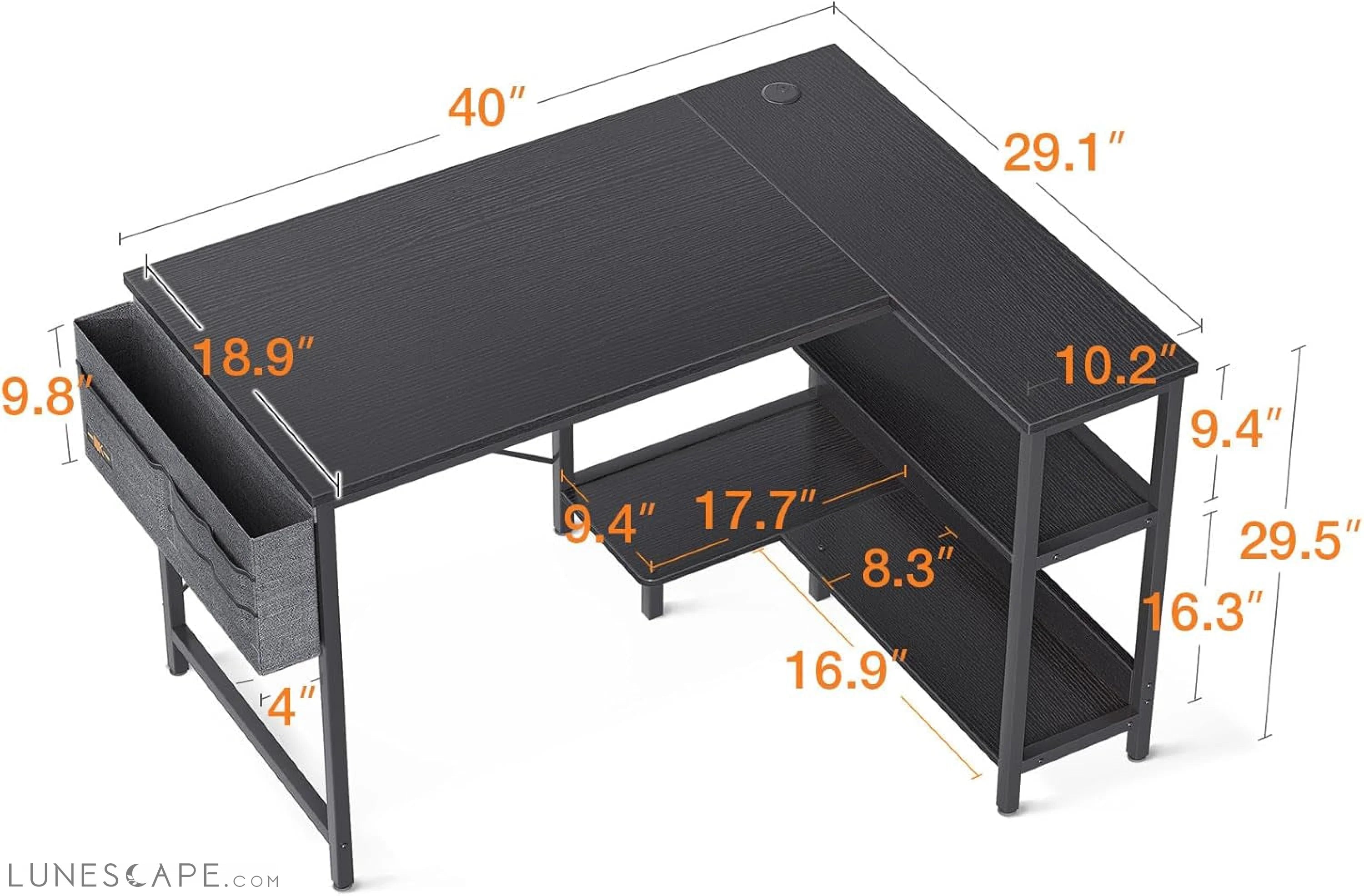 40 Inch Small L Shaped Gaming Computer Desk with Power Outlets, LUNESCAPE