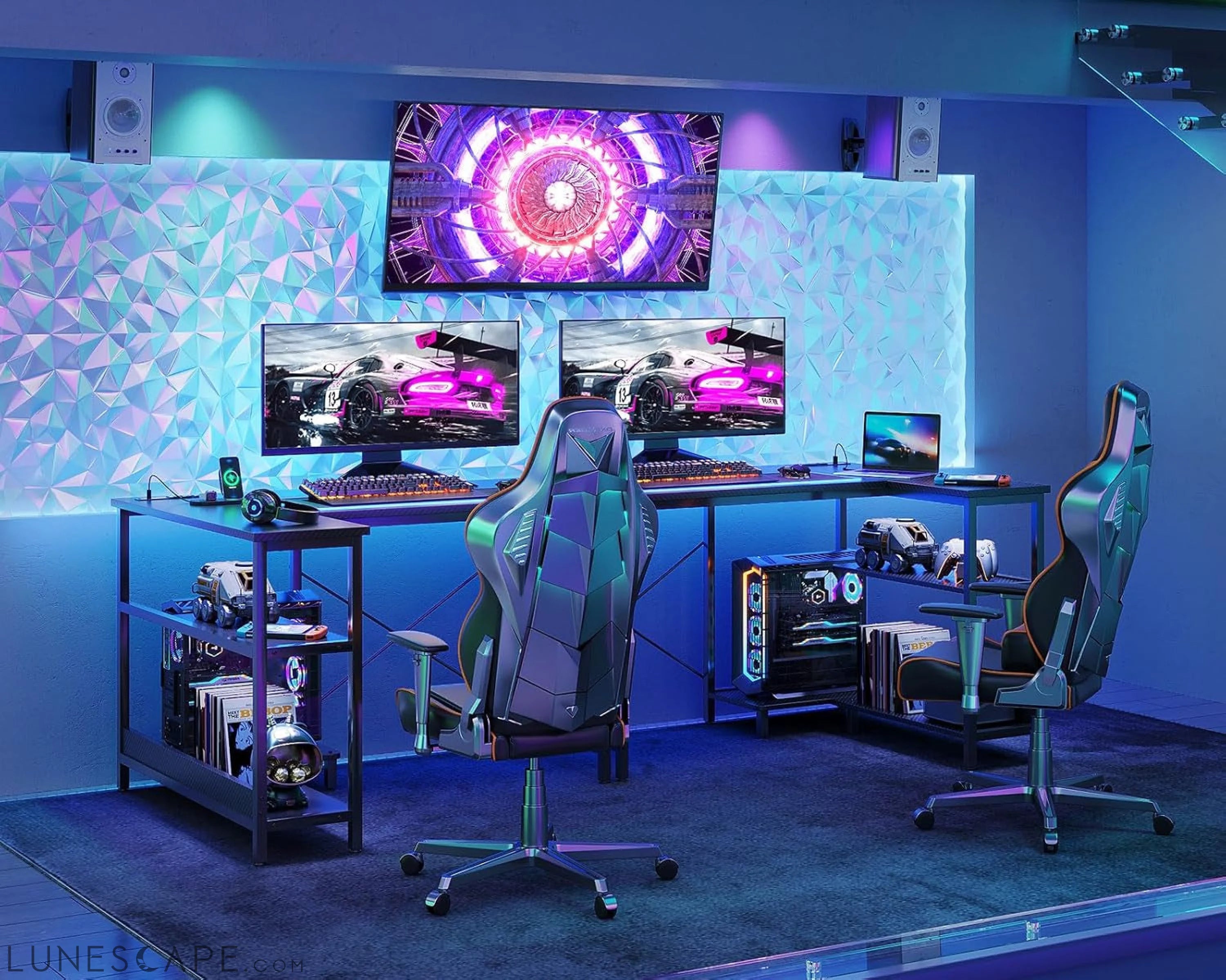 40 Inch Small L Shaped Gaming Computer Desk with Power Outlets, Corner LUNESCAPE
