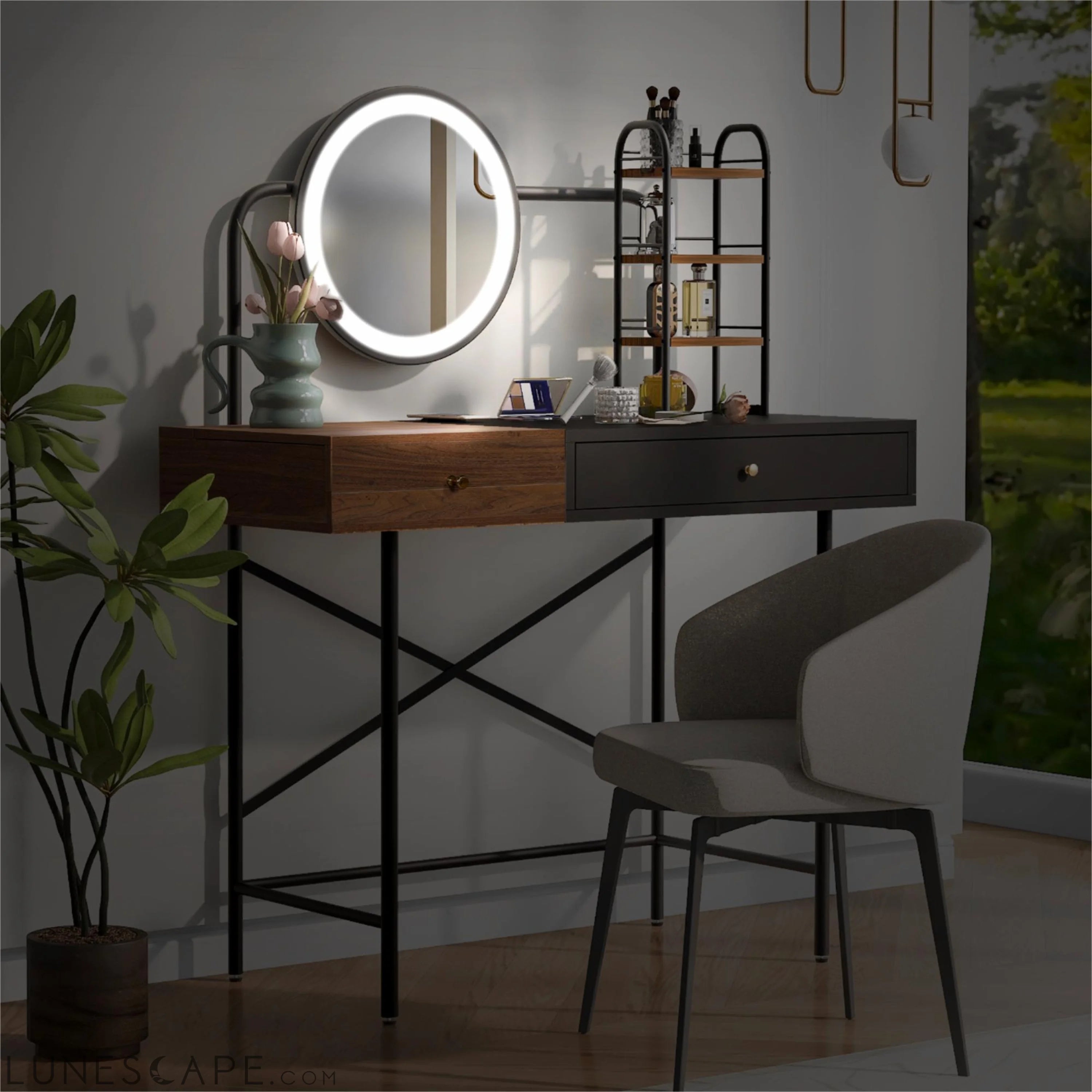 40" Makeup Vanity Desk with 3-Mode Lighted Mirror & Wireless Charging LUNESCAPE