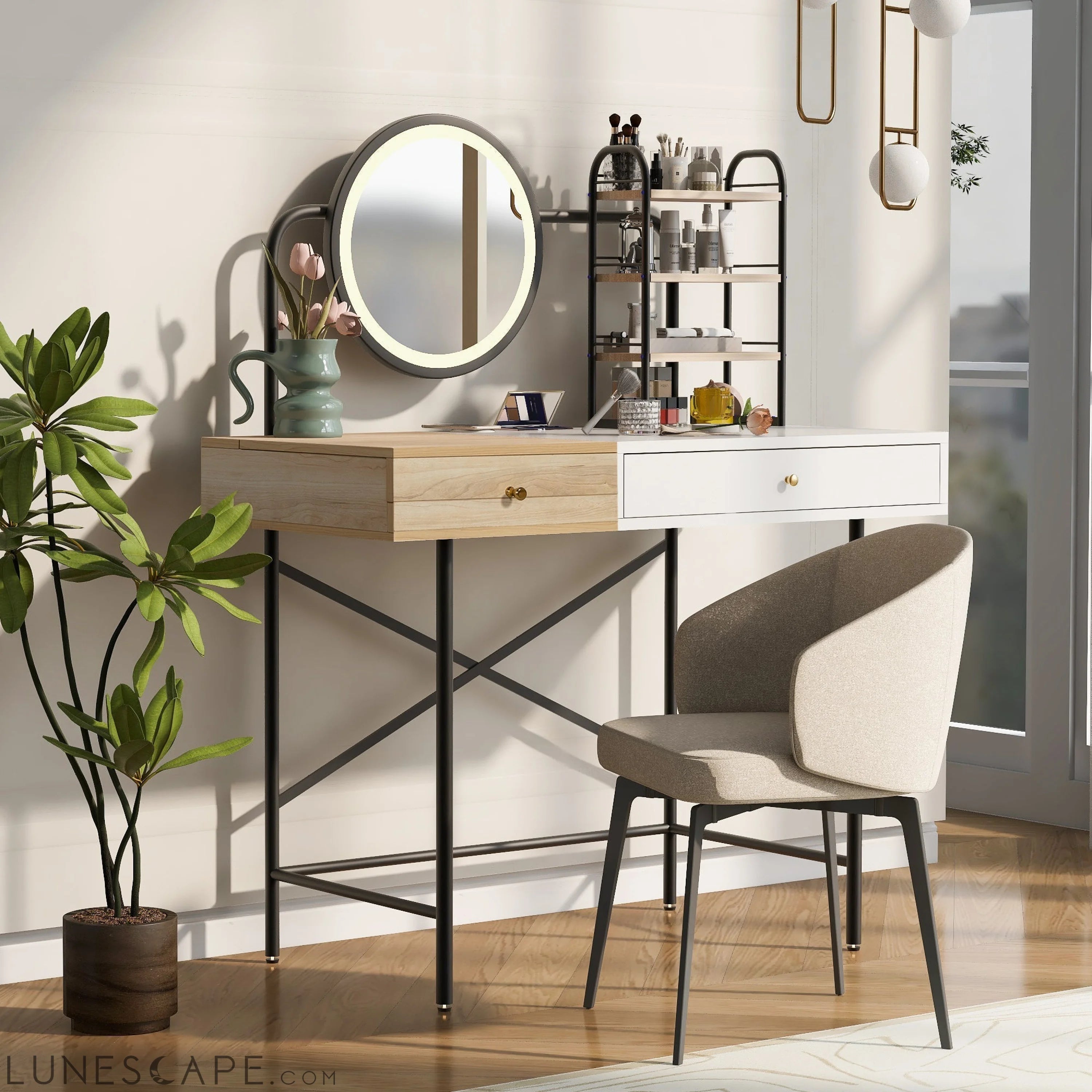 40" Makeup Vanity Desk with 3-Mode Lighted Mirror & Wireless Charging LUNESCAPE