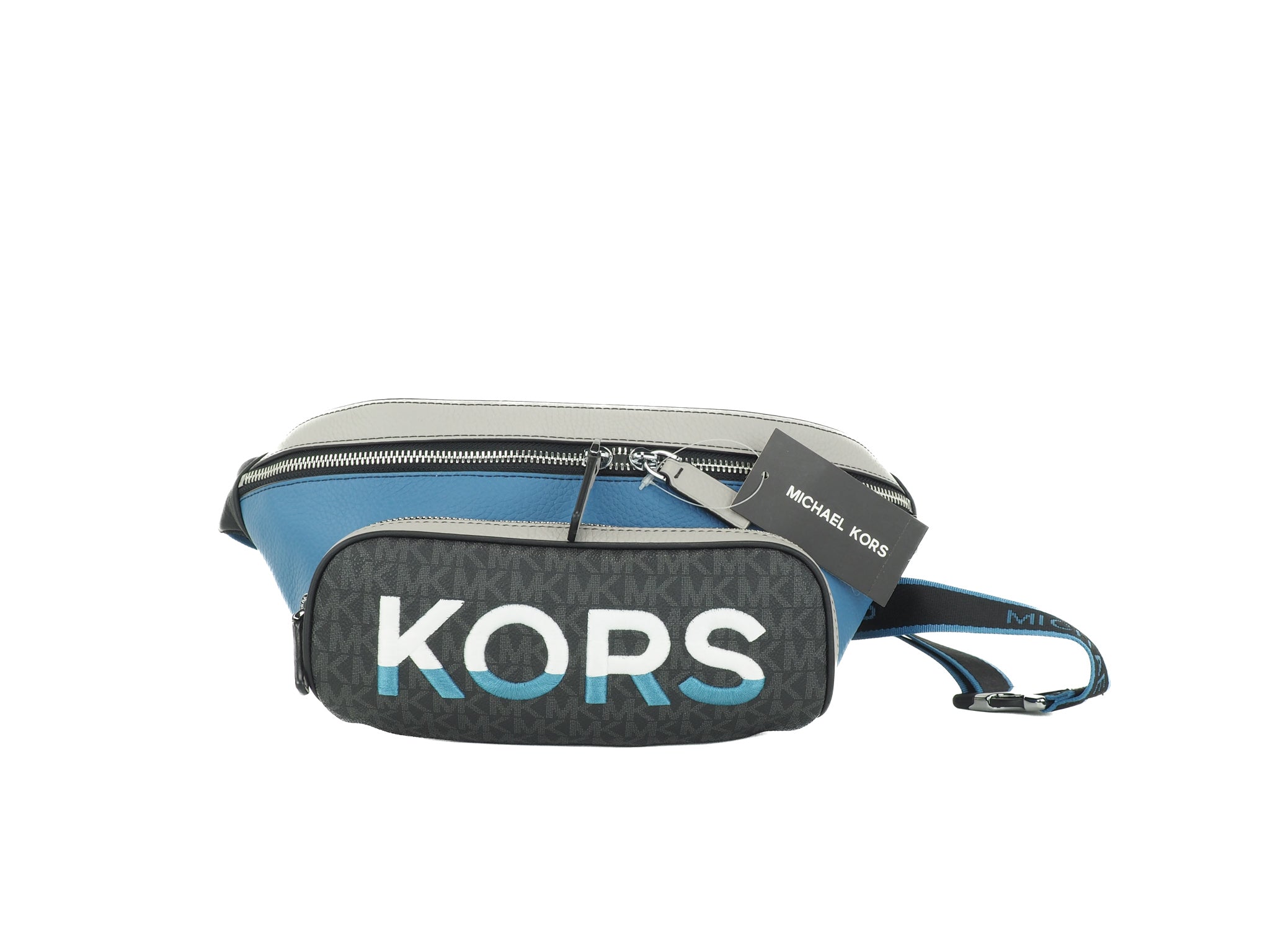 Michael Kors Cooper Large Blue Multi Leather Embroidered Logo Utility Belt Bag LUNESCAPE