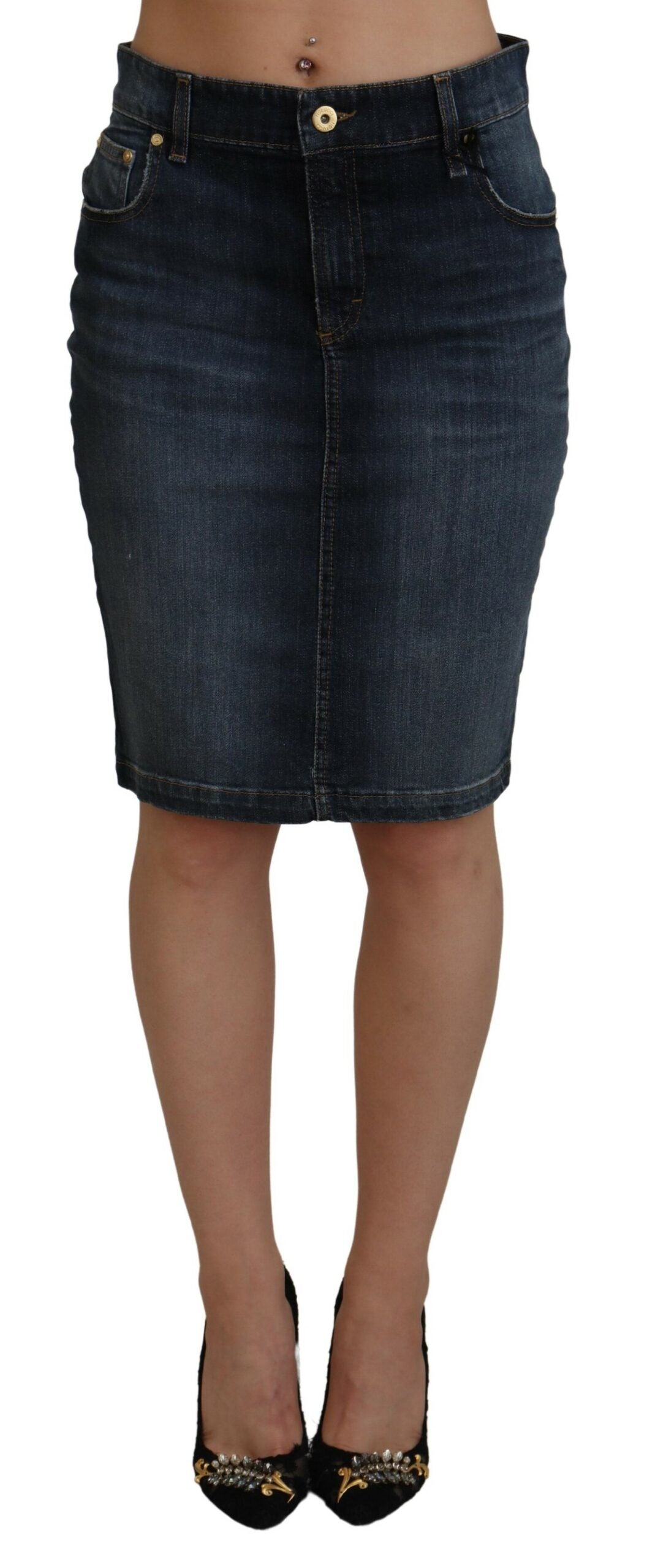 Fiorucci Dark Blue Washed Mid Waist Pencil Cut Denim Skirt LUNESCAPE