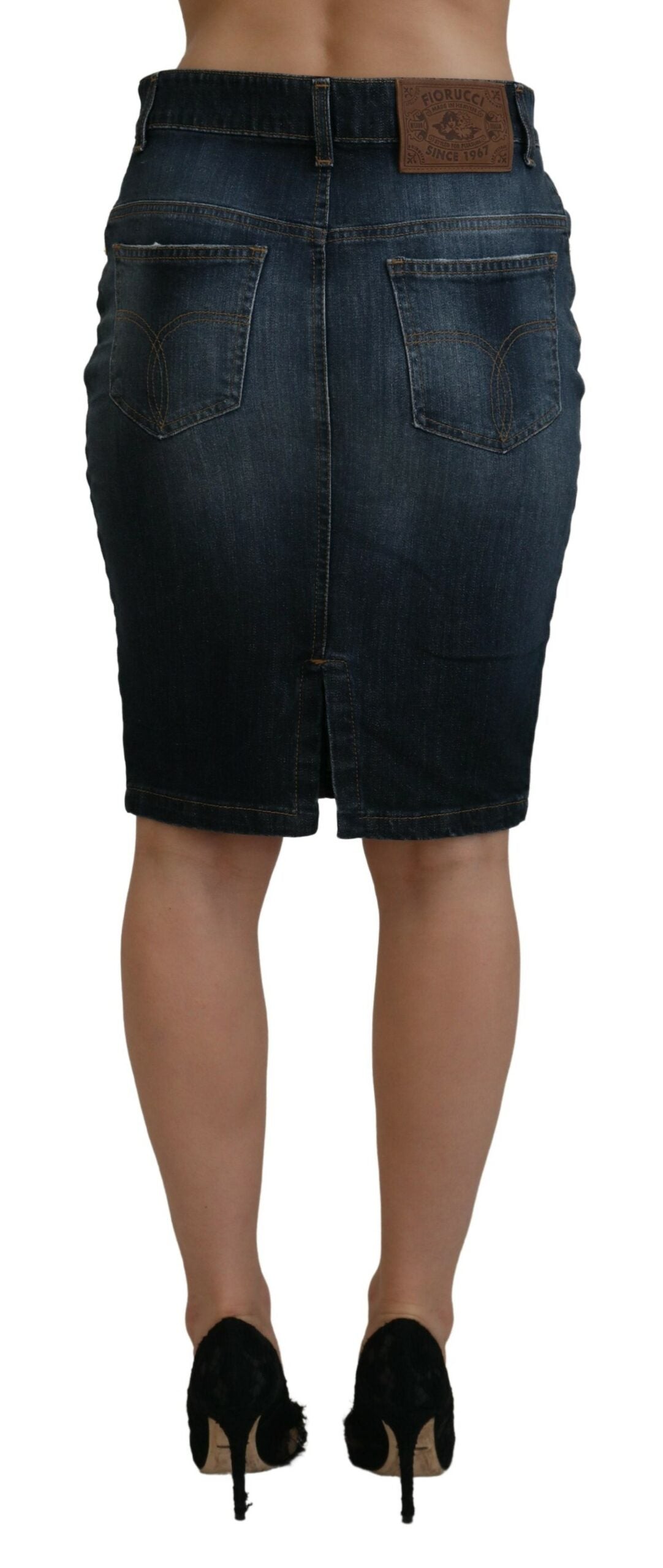 Fiorucci Dark Blue Washed Mid Waist Pencil Cut Denim Skirt LUNESCAPE