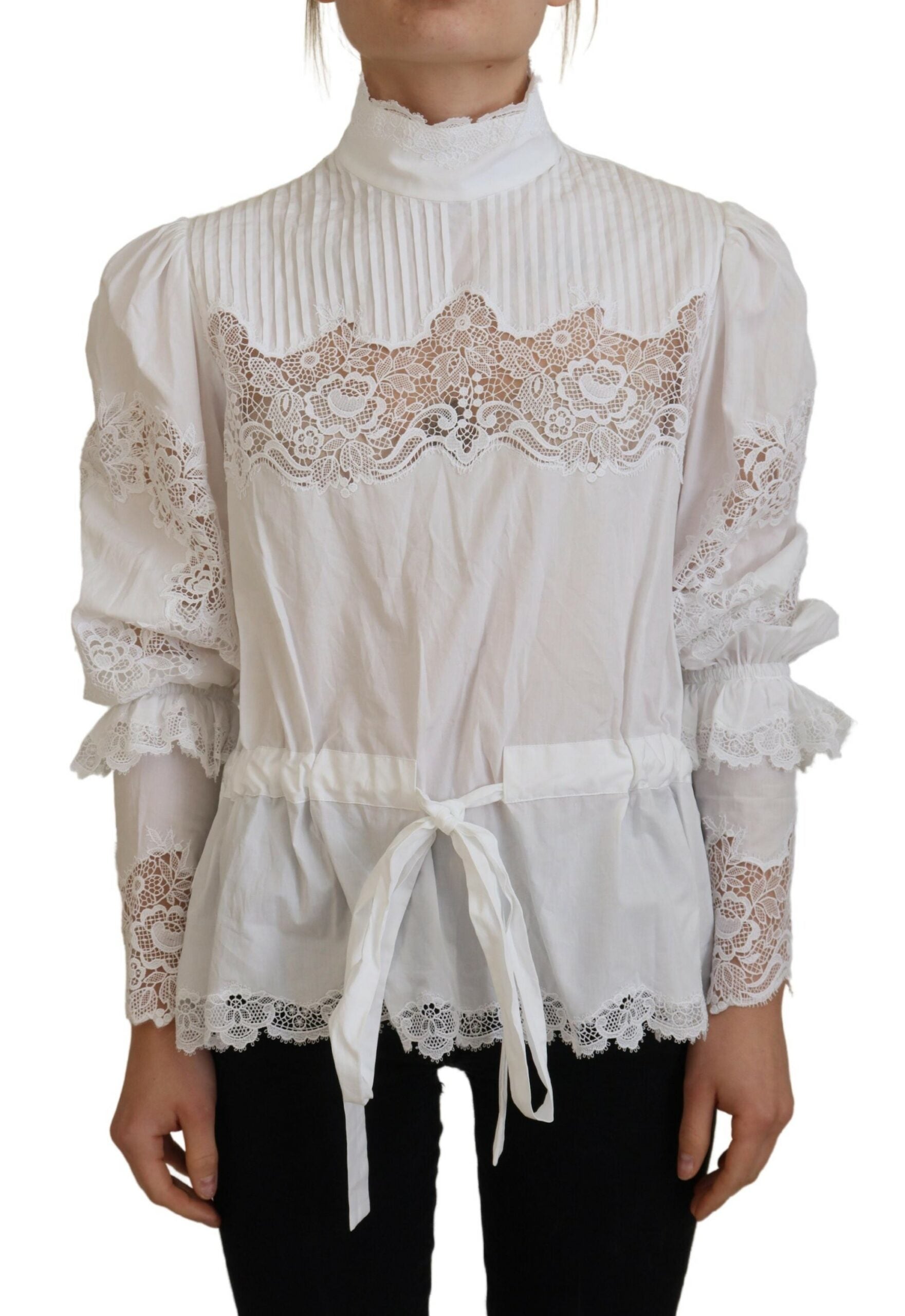 Dolce & Gabbana White Cotton Lace Trim Turtle Neck Blouse Top LUNESCAPE