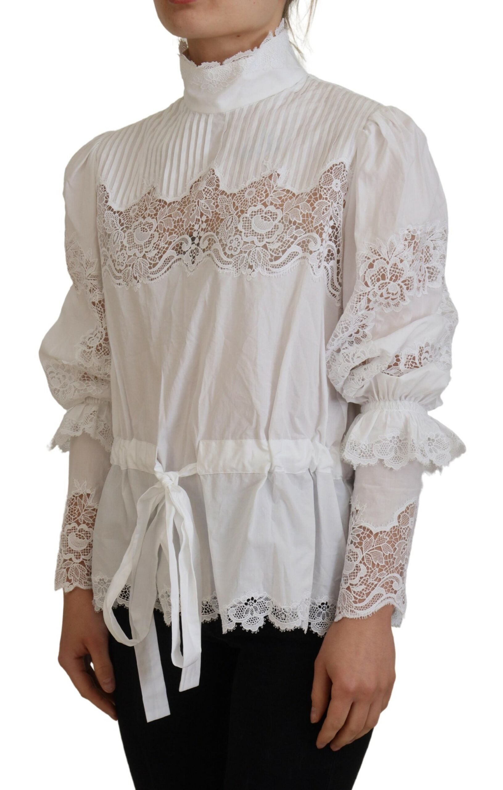 Dolce & Gabbana White Cotton Lace Trim Turtle Neck Blouse Top LUNESCAPE