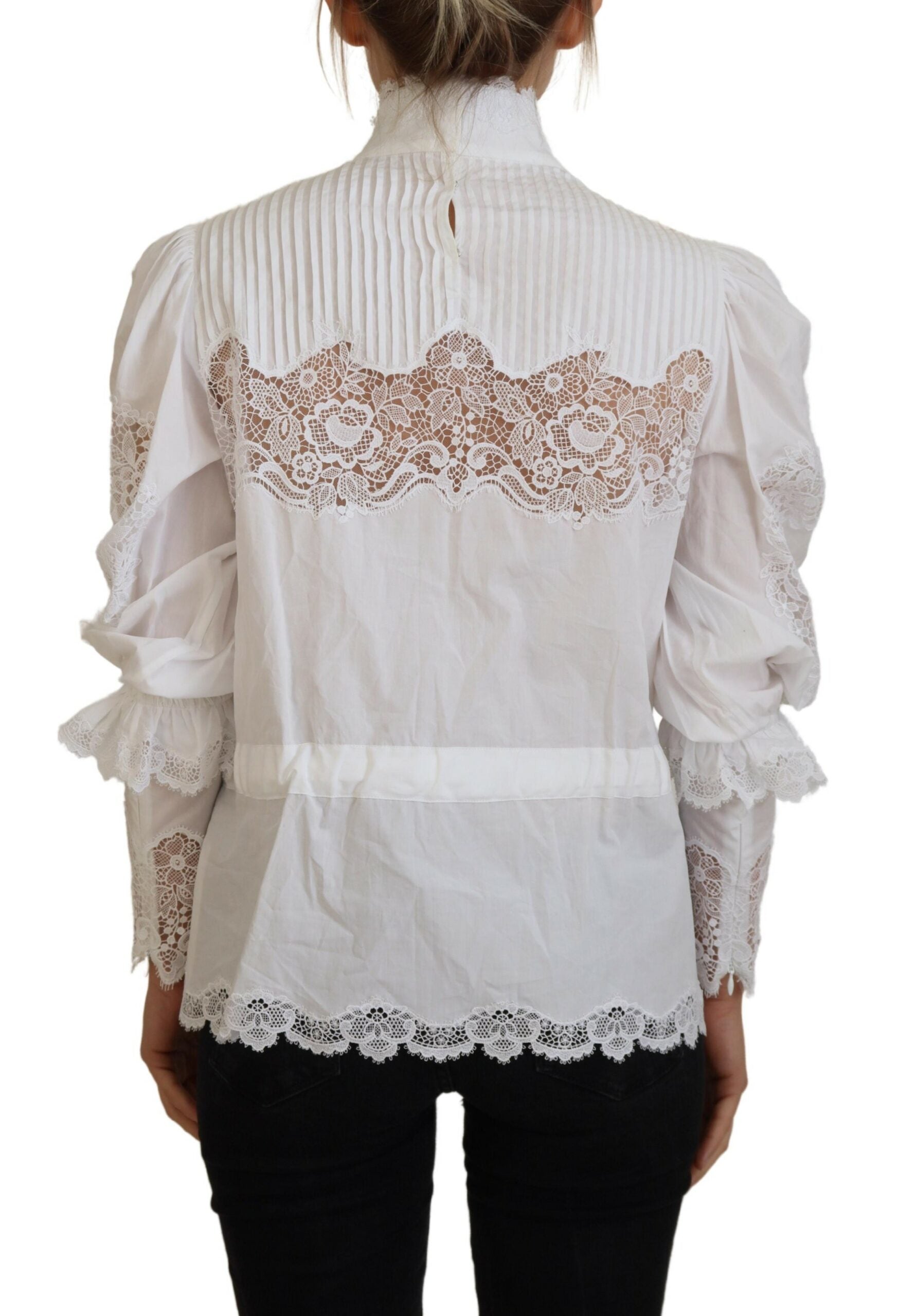 Dolce & Gabbana White Cotton Lace Trim Turtle Neck Blouse Top LUNESCAPE