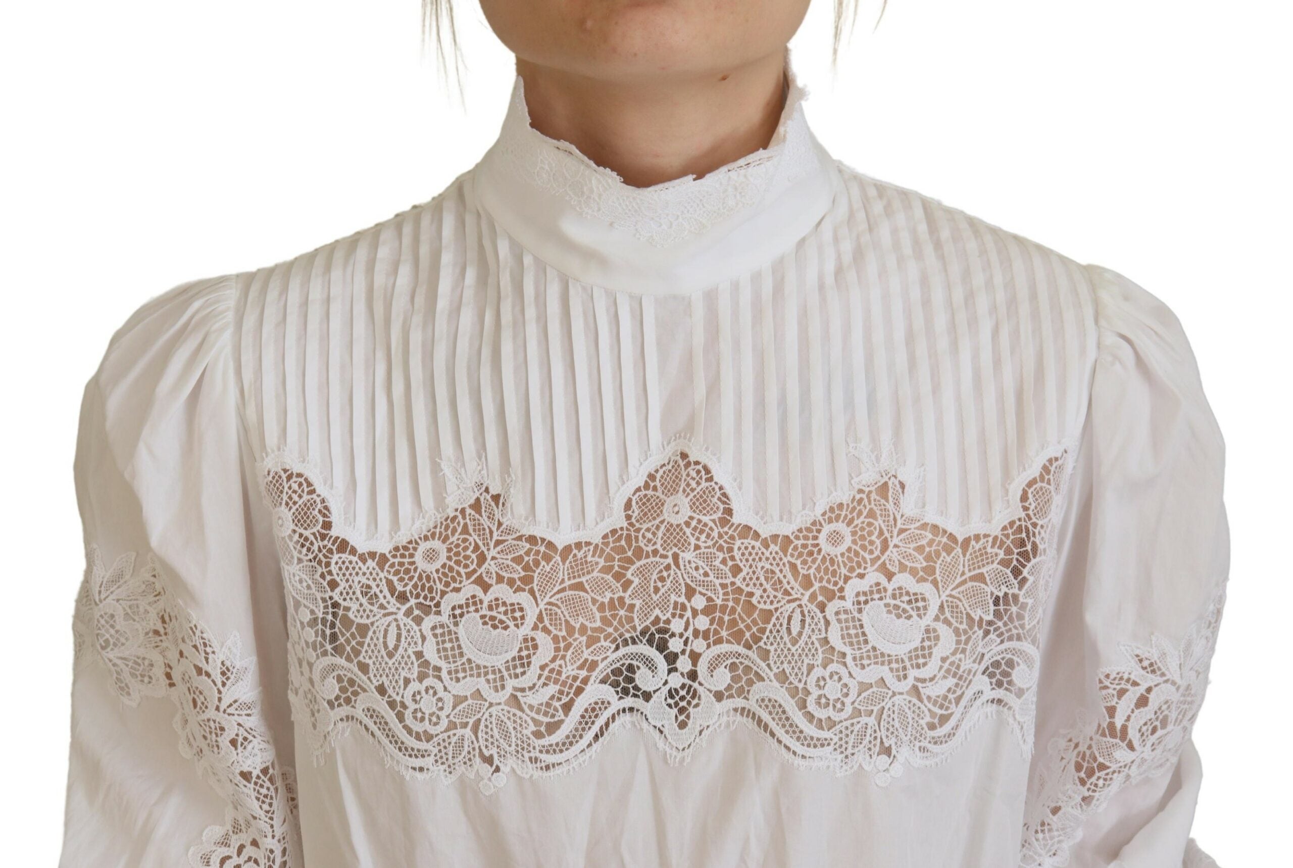 Dolce & Gabbana White Cotton Lace Trim Turtle Neck Blouse Top LUNESCAPE
