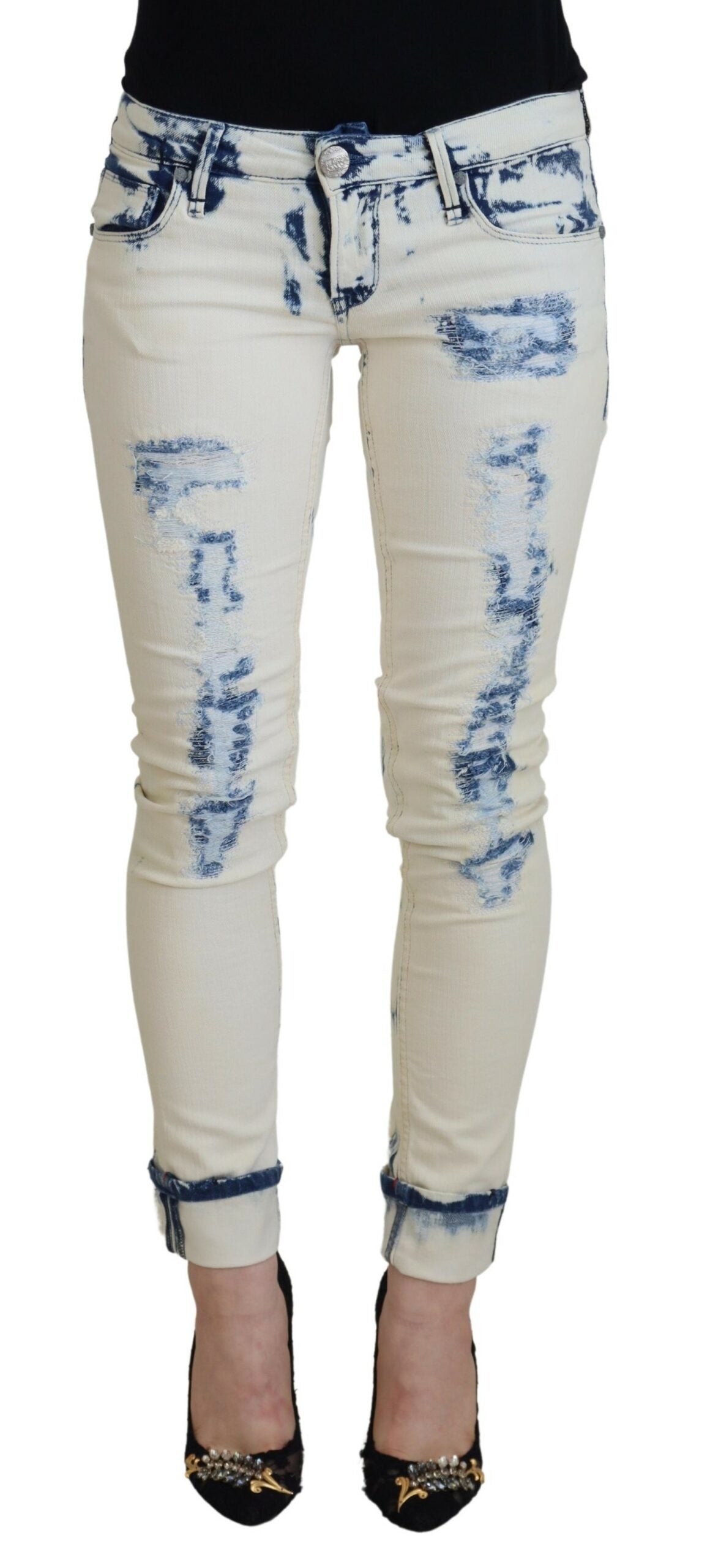 Acht White Blue Cotton Skinny Women Tattered Denim Jeans LUNESCAPE