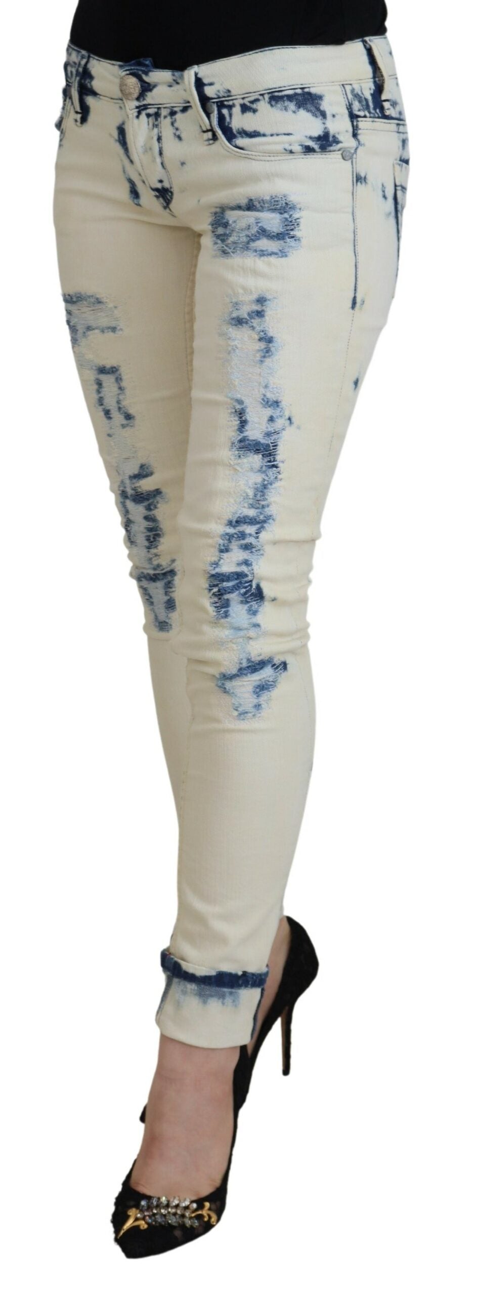 Acht White Blue Cotton Skinny Women Tattered Denim Jeans LUNESCAPE