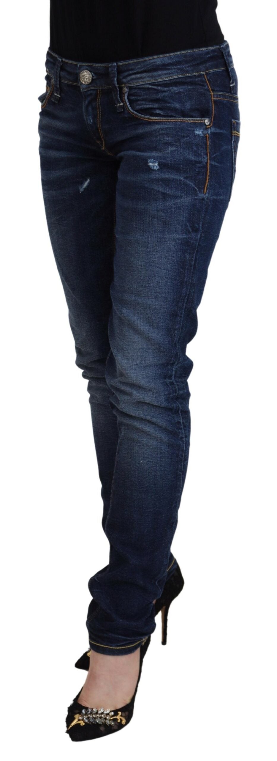 Acht Blue Washed Cotton Low Waist Women Casual Jeans