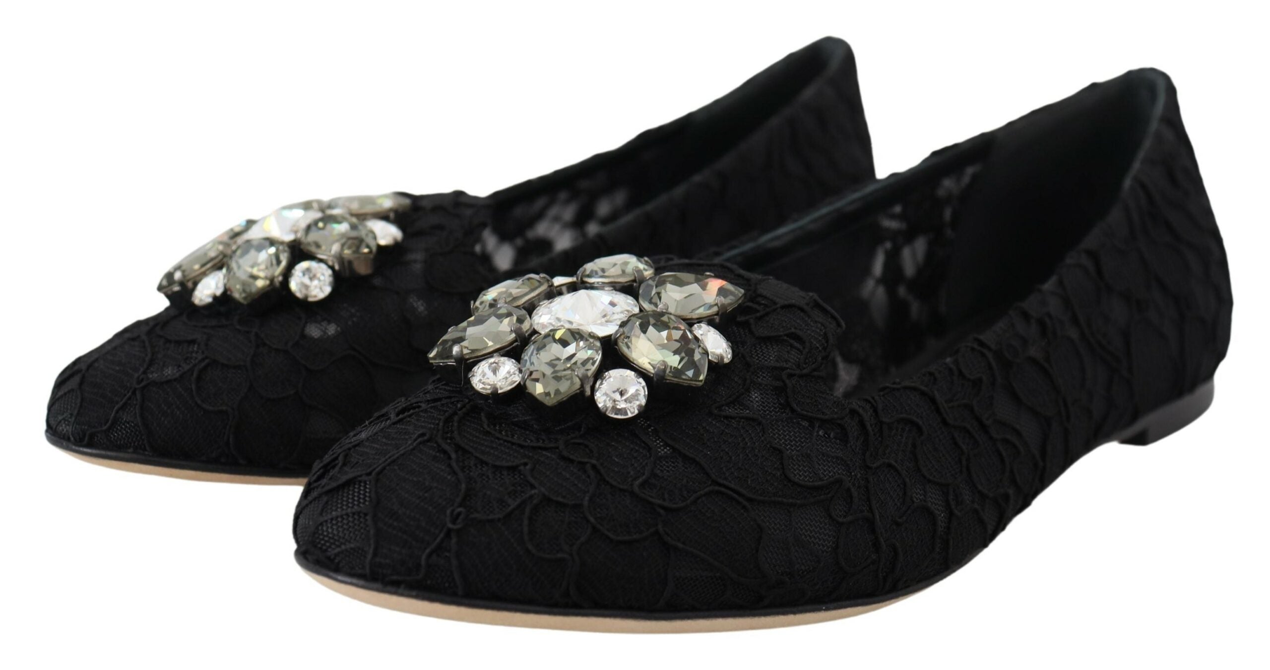 Dolce & Gabbana Black Taormina Lace Crystals Flats Shoes LUNESCAPE