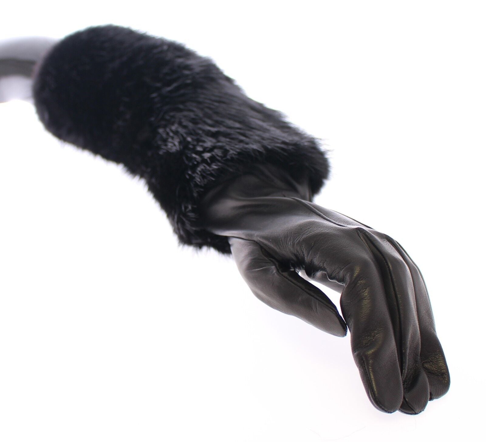 Dolce & Gabbana Black Beaver Fur Lambskin Leather Elbow Gloves LUNESCAPE