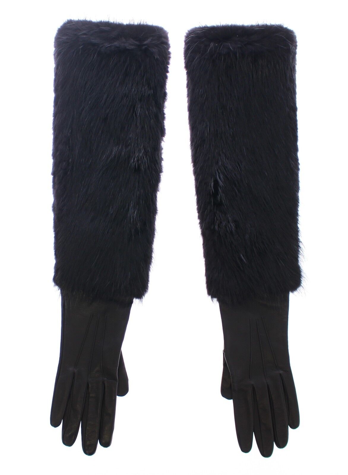 Dolce & Gabbana Black Beaver Fur Lambskin Leather Elbow Gloves LUNESCAPE