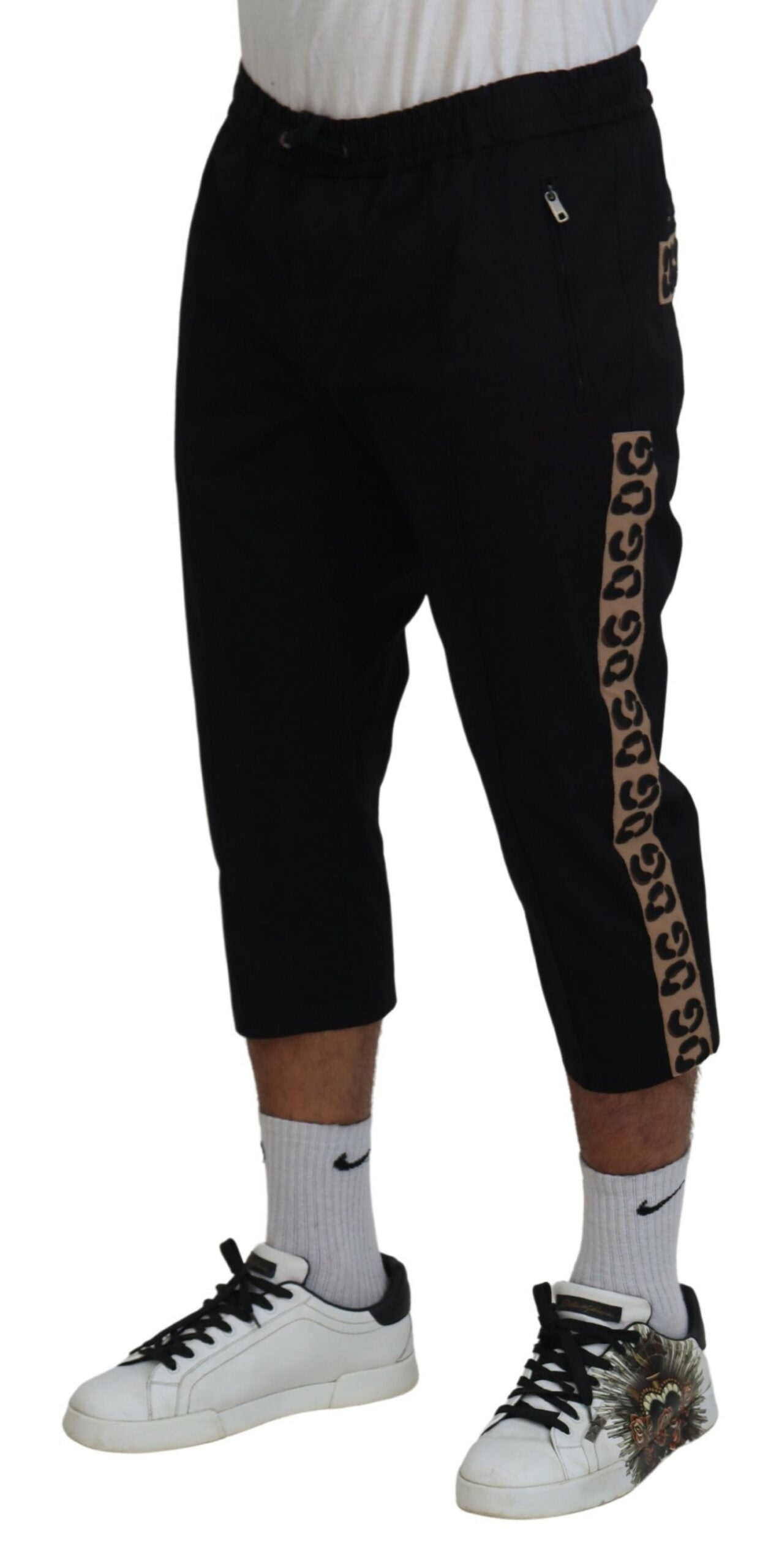 Dolce & Gabbana Black Elastic Waist DG Logo Cropped Pants