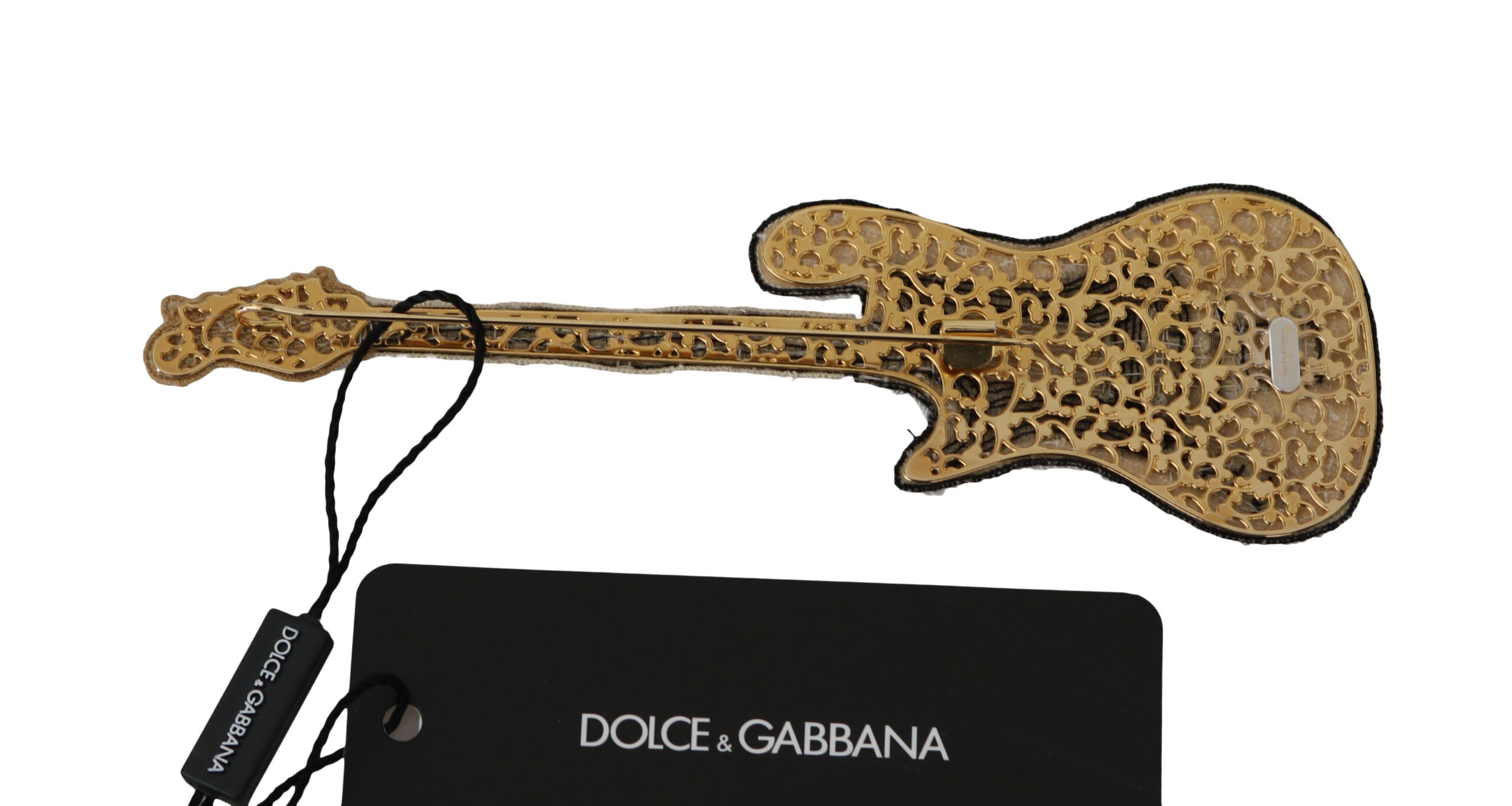 Dolce & Gabbana Gold Brass Beaded Guitar Pin Accessory Brooch LUNESCAPE