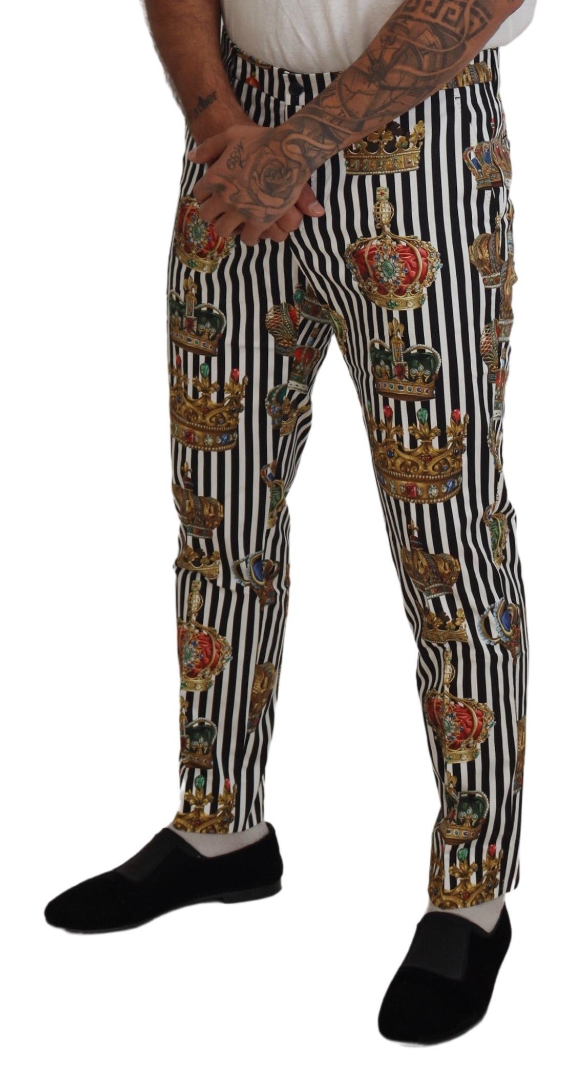 Dolce & Gabbana Black & White Slim Fit Striped Crown Pant