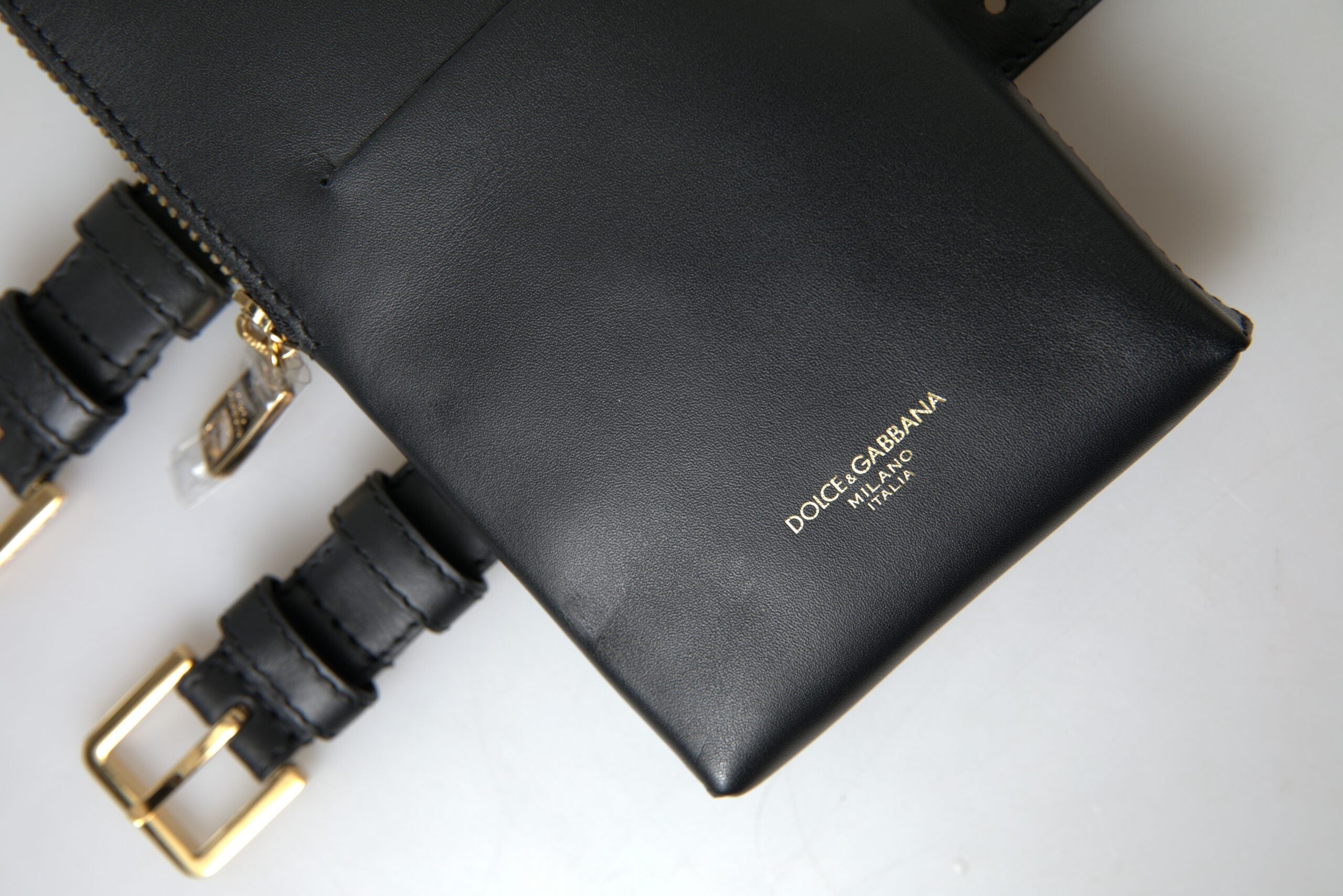 Dolce & Gabbana Black Leather Men Purse Double Belt Strap Bracelet Bag LUNESCAPE