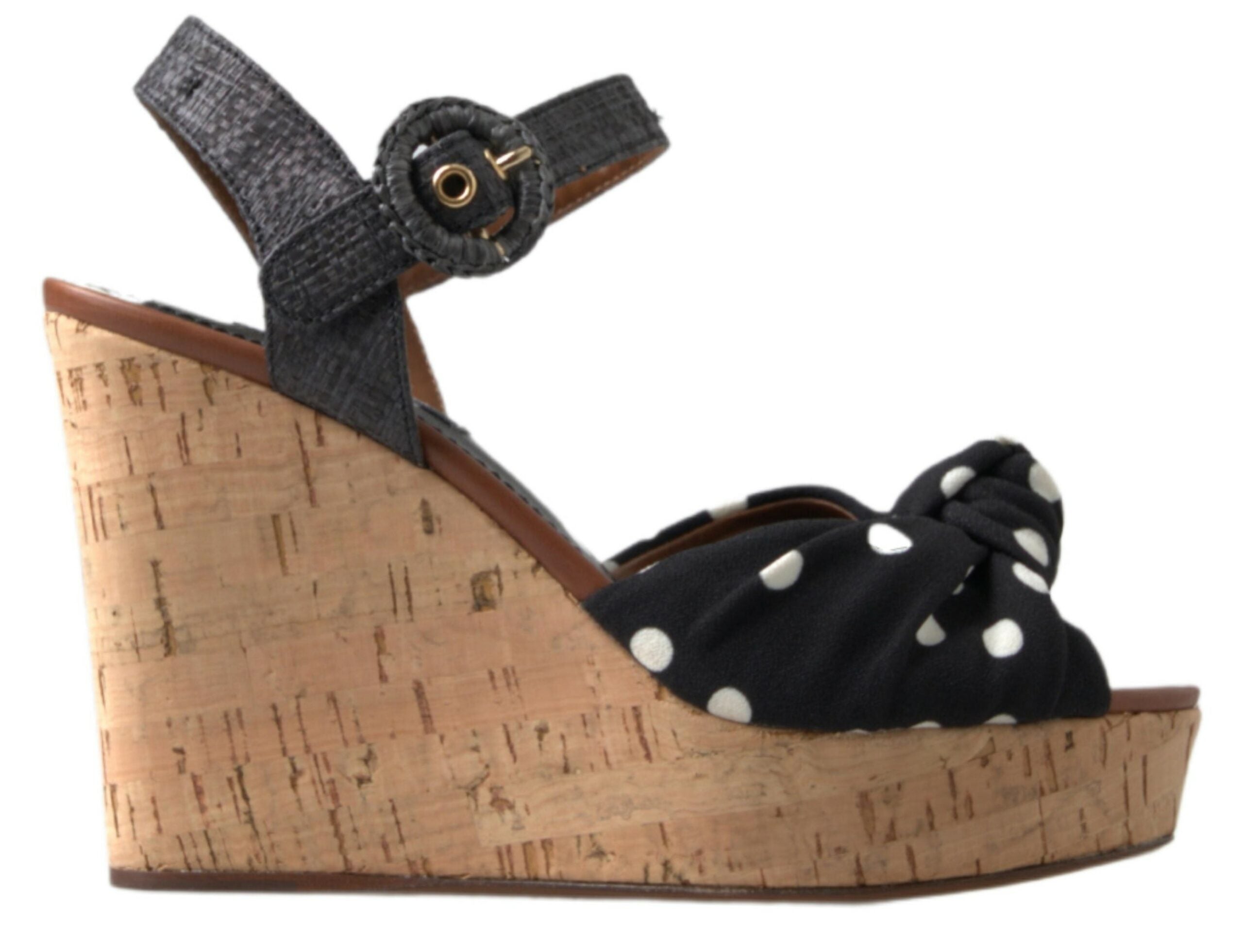 Dolce & Gabbana Black Wedges Polka Dotted Ankle Strap Shoes Sandals LUNESCAPE