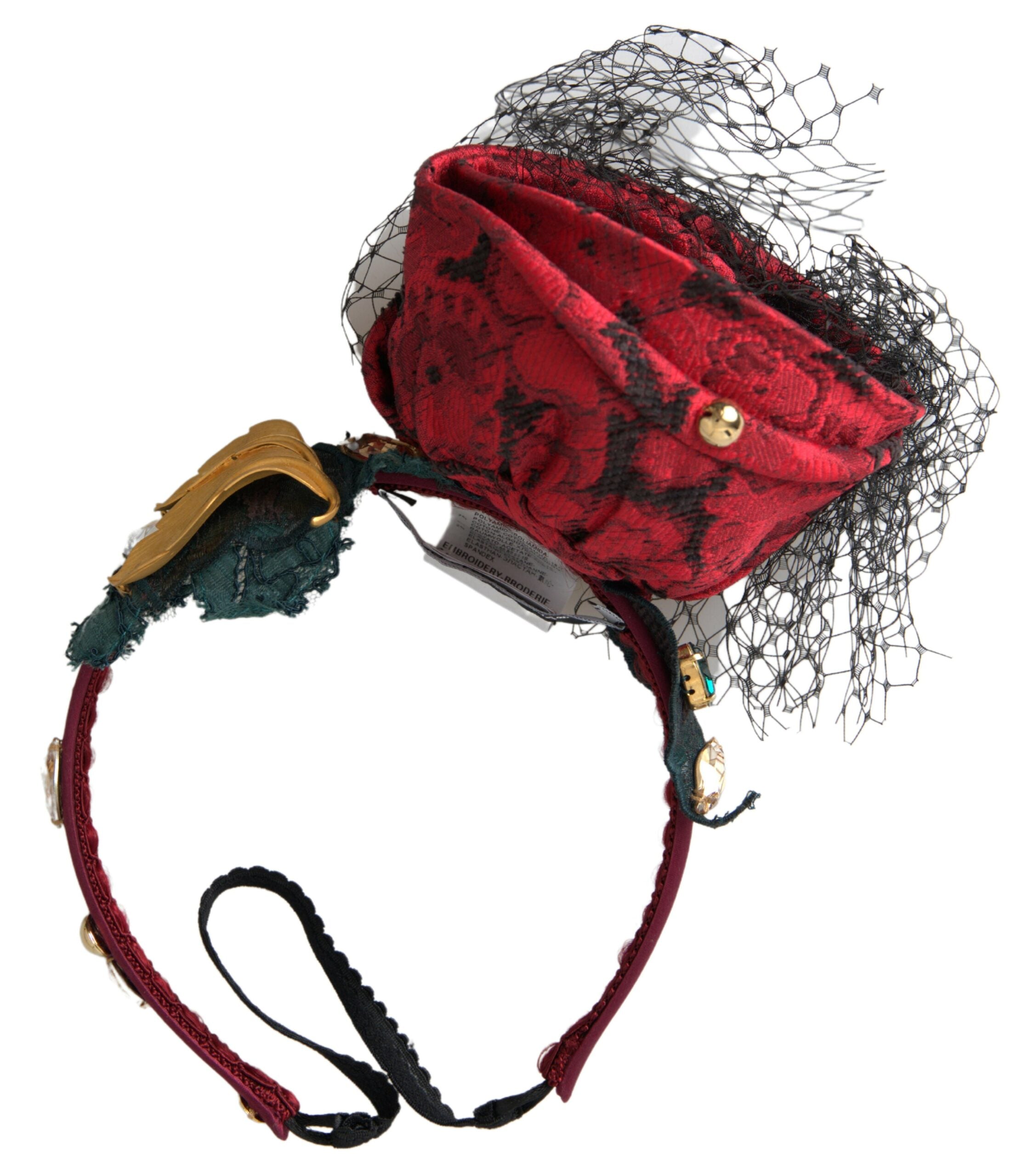 Dolce & Gabbana Red with multicolor Rose Silk Crystal Netted Logo Diadem Headband LUNESCAPE