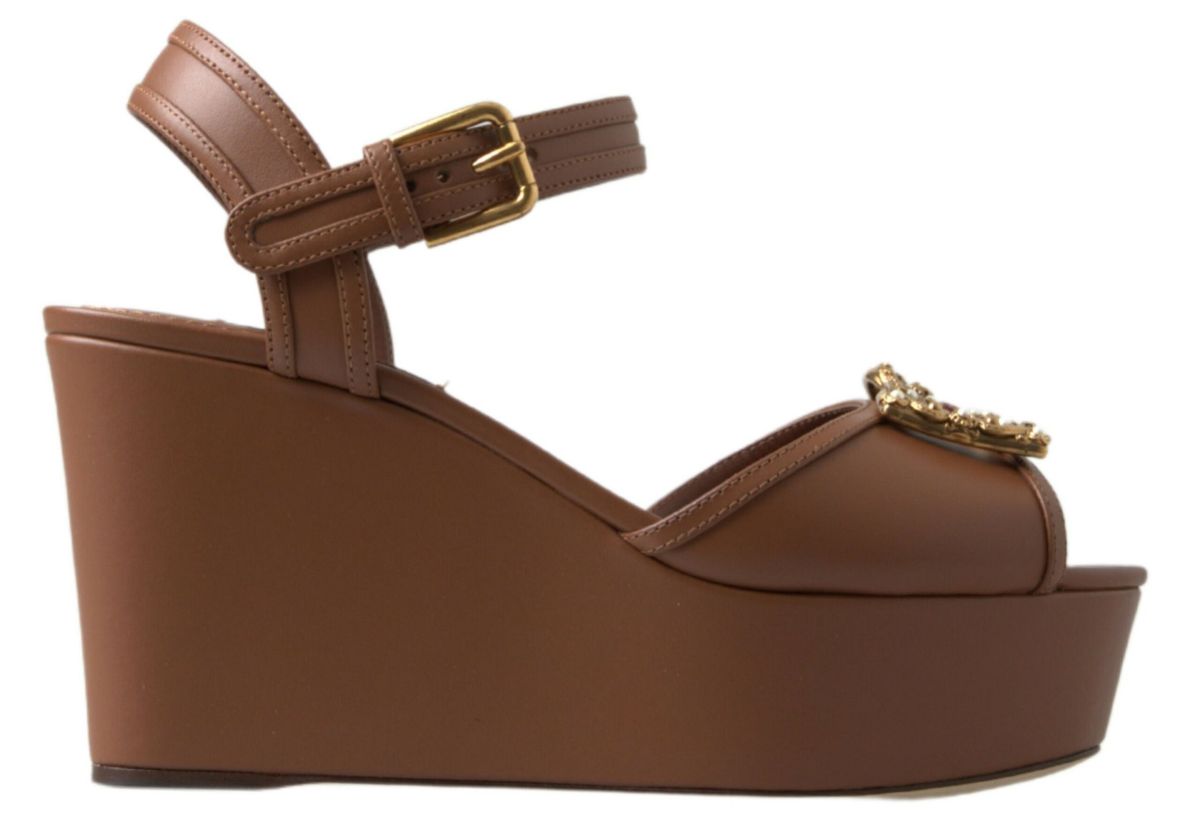 Dolce & Gabbana Brown Leather AMORE Wedges Sandals Shoes LUNESCAPE