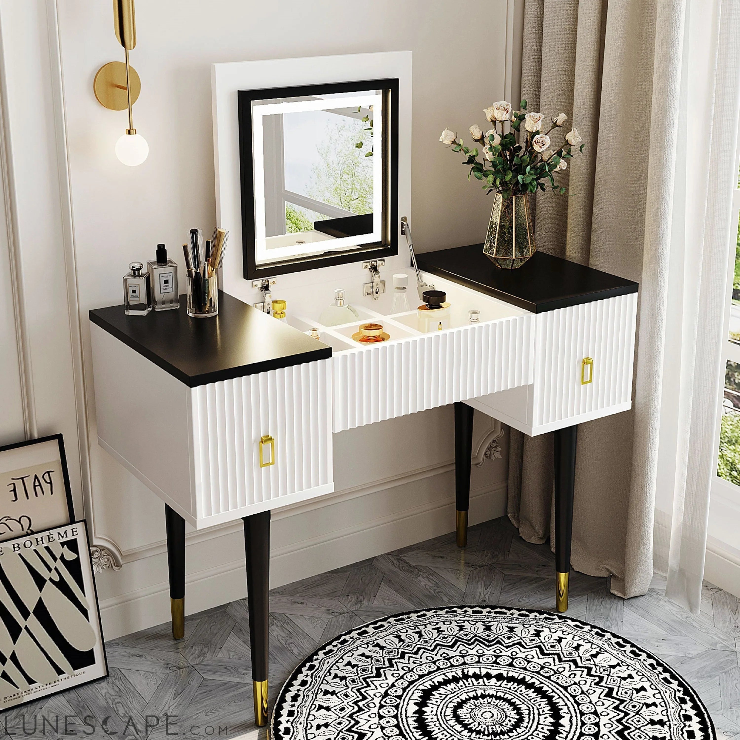 43.3" Modern Vanity Table Set with Flip-top Mirror and LED Light, LUNESCAPE