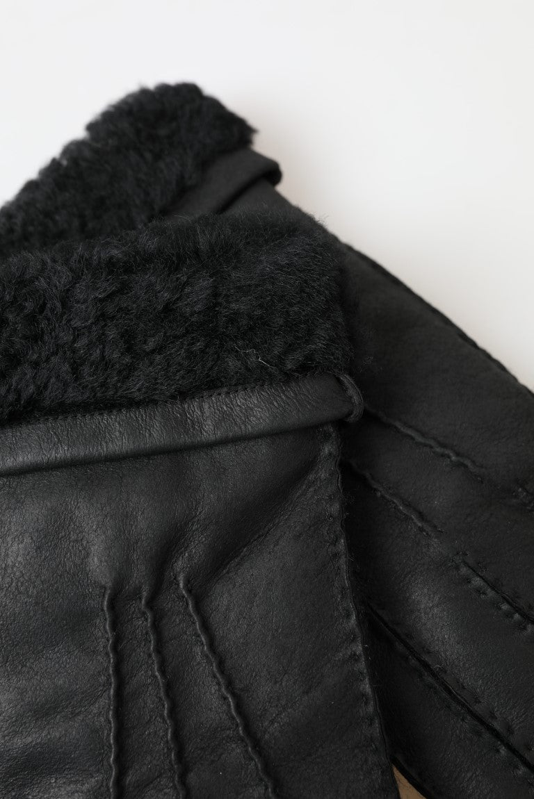 Dolce & Gabbana Black Leather Fur Short Hands Mitten Men Gloves LUNESCAPE