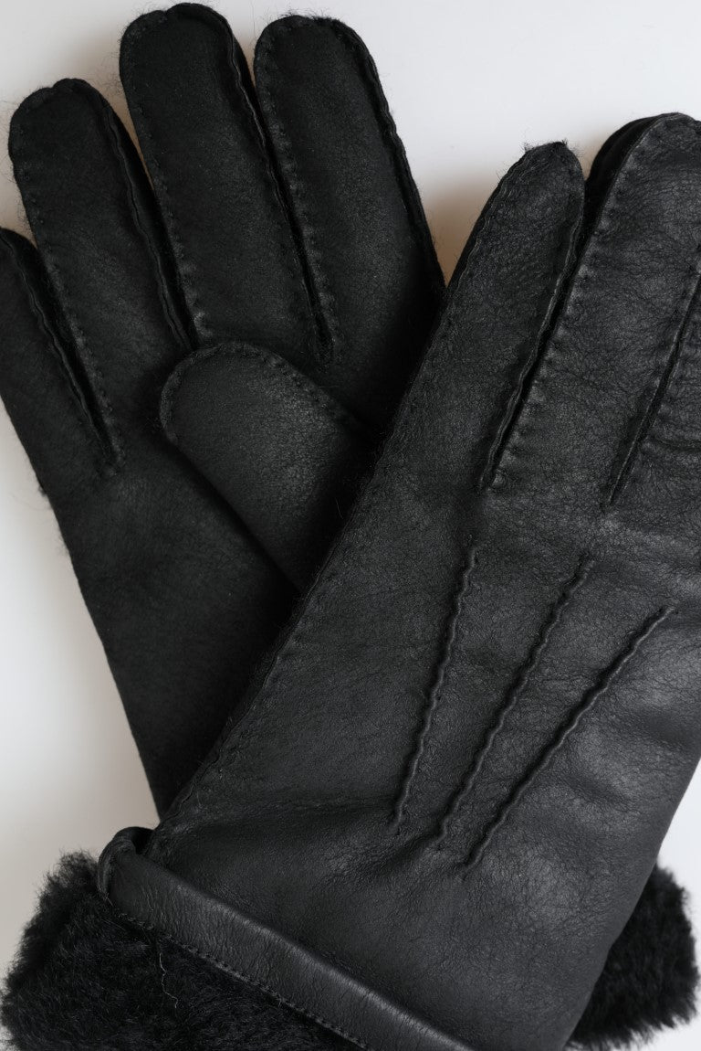 Dolce & Gabbana Black Leather Fur Short Hands Mitten Men Gloves LUNESCAPE