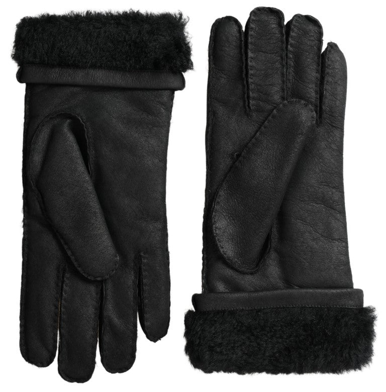 Dolce & Gabbana Black Leather Fur Short Hands Mitten Men Gloves LUNESCAPE