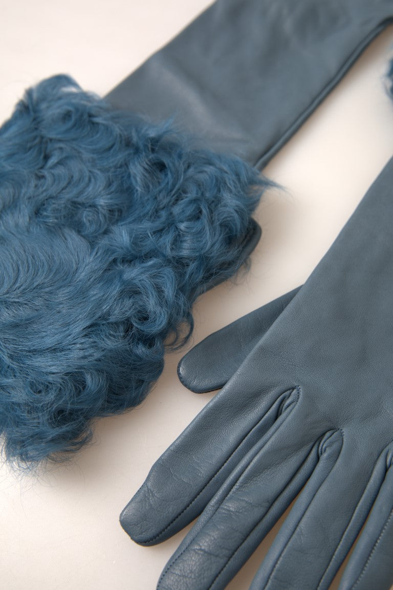 Dolce & Gabbana Elegant Blue Leather Gloves with Fur Trim LUNESCAPE