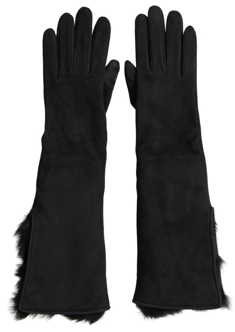 Dolce & Gabbana Black Leather Fur Elbow Length Gloves LUNESCAPE