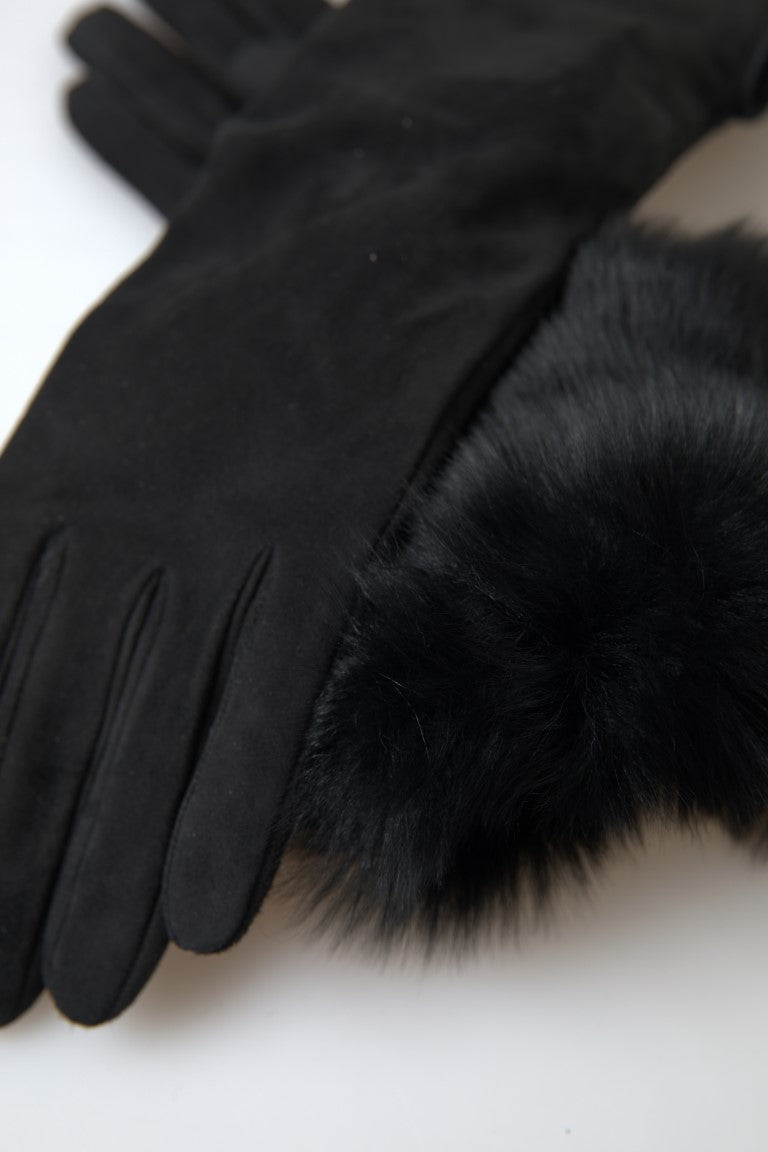 Dolce & Gabbana Black Leather Fur Elbow Length Gloves LUNESCAPE
