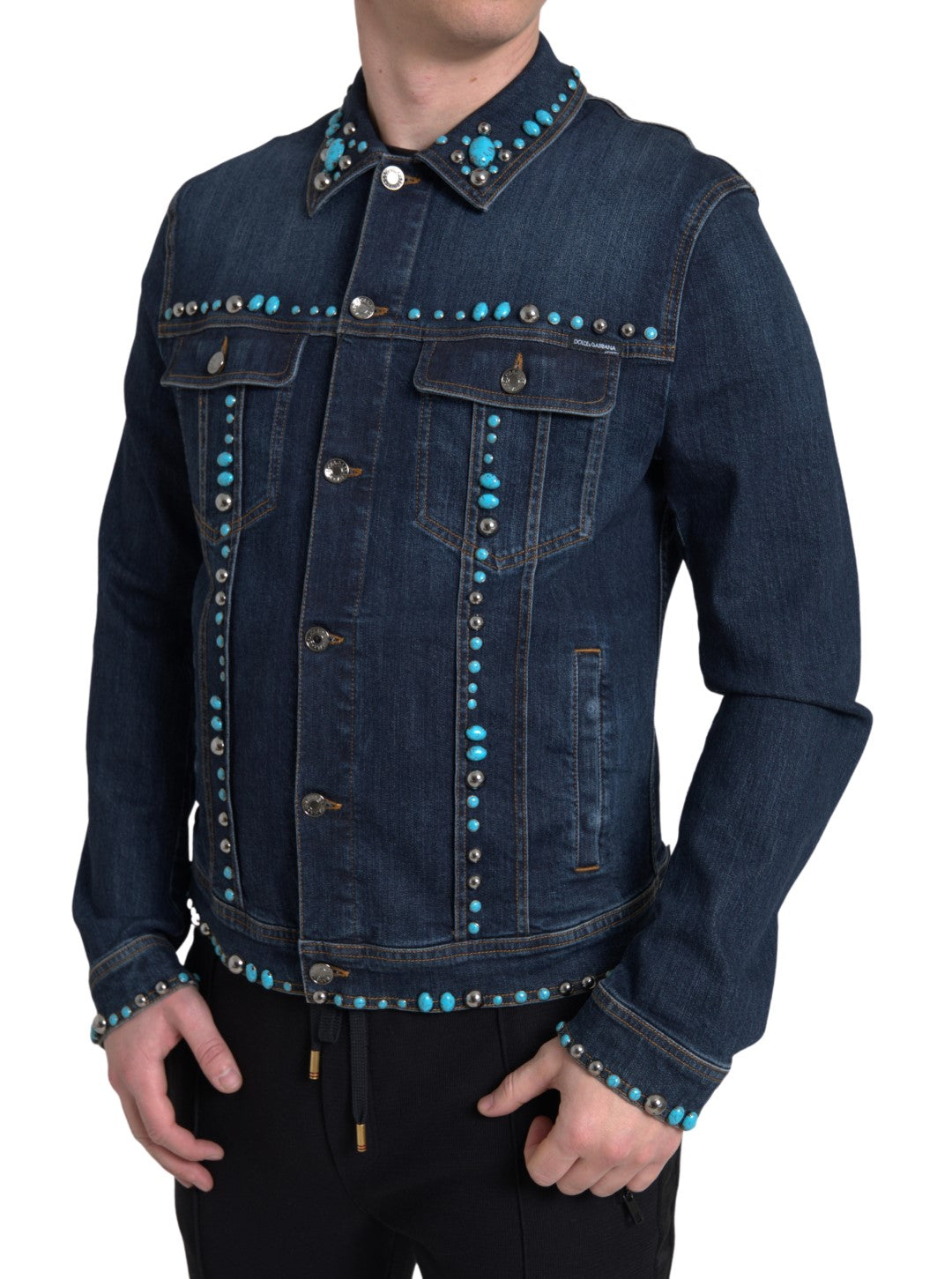 Dolce & Gabbana Blue Denim Turquoise Stones Studded Jacket LUNESCAPE