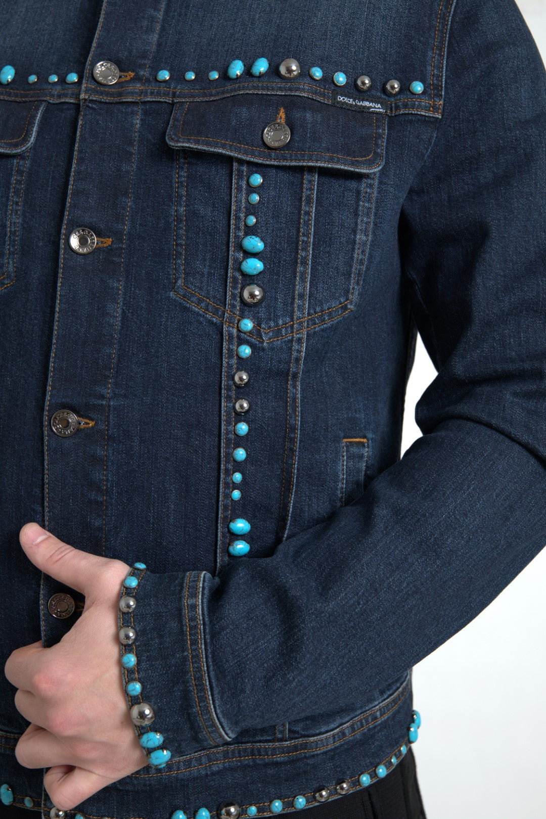 Dolce & Gabbana Blue Denim Turquoise Stones Studded Jacket LUNESCAPE
